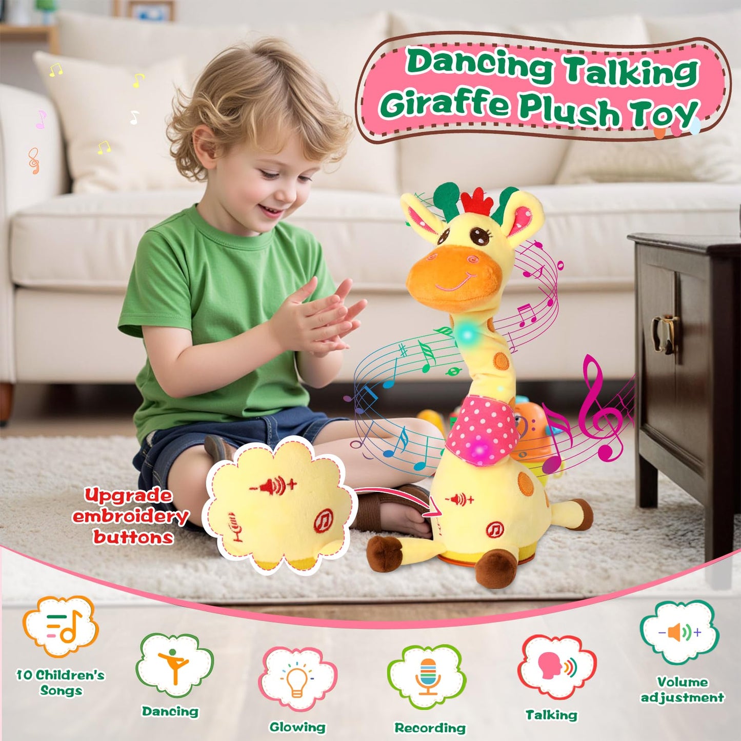 MIAODAM Dancing Talking Giraffe Plush Toy – 10 Songs, LED Lights, Interactive Baby Toy for Toddlers 1-3