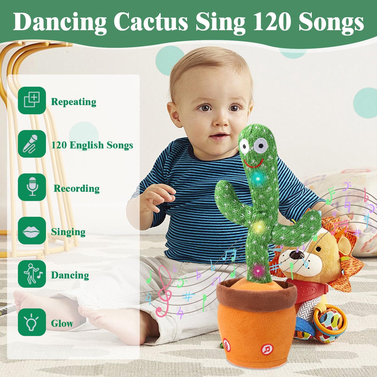 MIAODAM Dancing Cactus Toy – Talking Baby Plush, Glowing Lights & 120 Songs