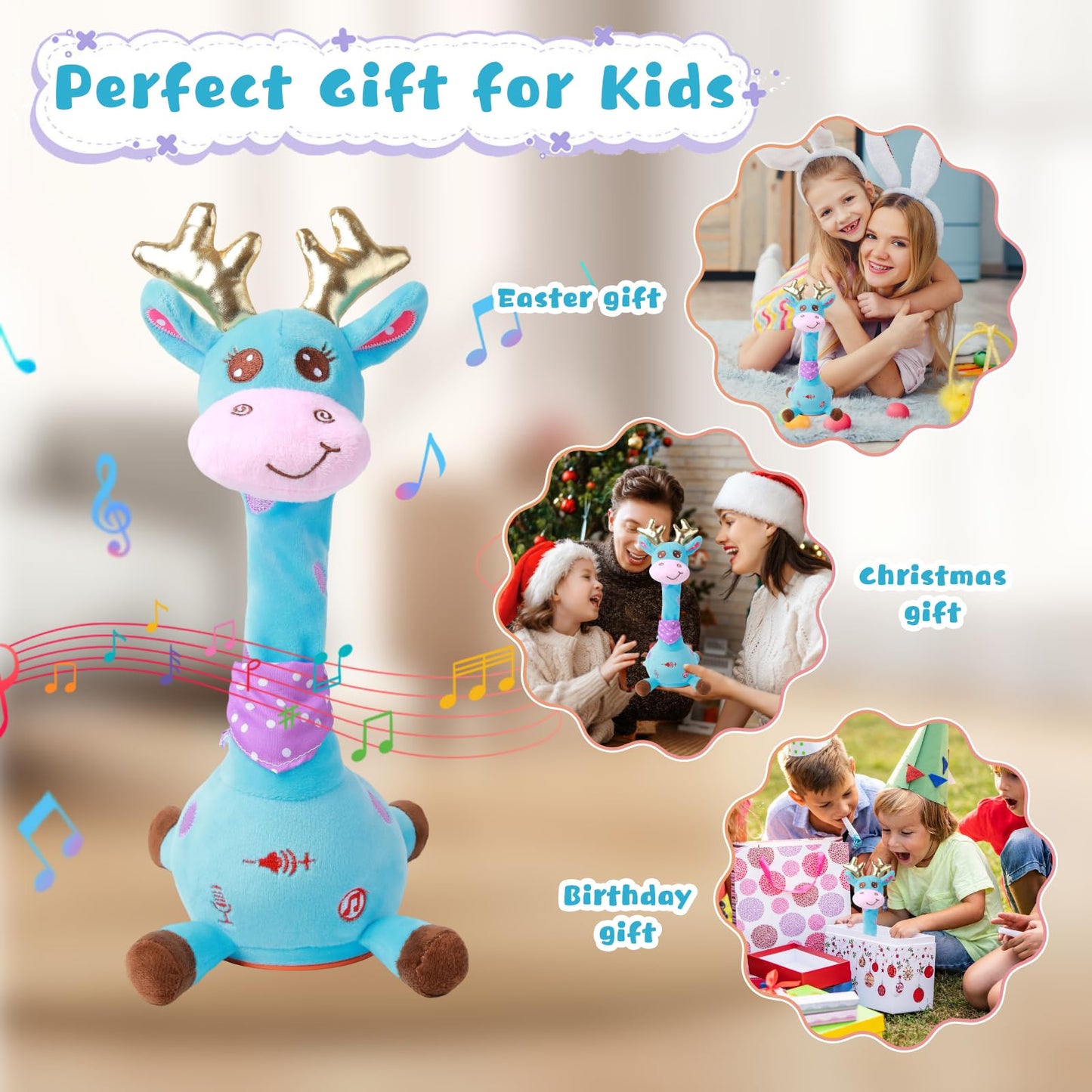 MIAODAM Dancing Talking Giraffe Plush – 10 Songs, Repeats What You Say, LED Glow