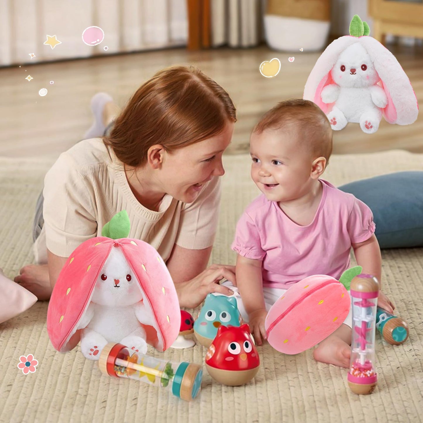 MIAODAM 13.7in Large Easter Bunny Plush – Convertible Strawberry to White Rabbit Plush Pillow