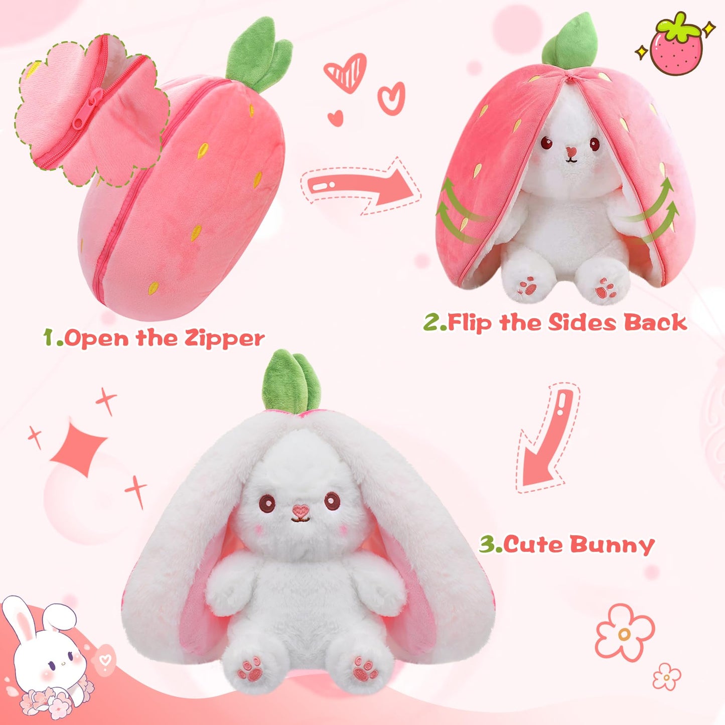 MIAODAM 13.7in Large Easter Bunny Plush – Convertible Strawberry to White Rabbit Plush Pillow