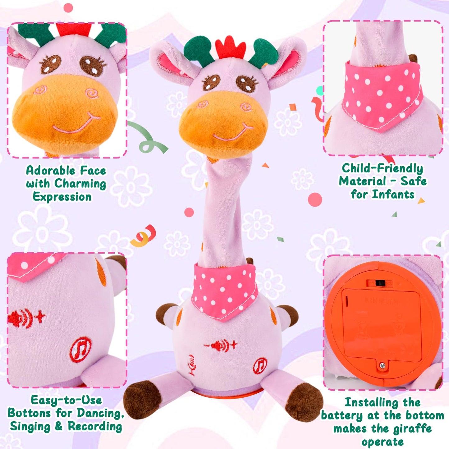 MIAODAM Dancing Giraffe – 10 Song Plush Interactive Toy with Recording & LED Glow (Purple)