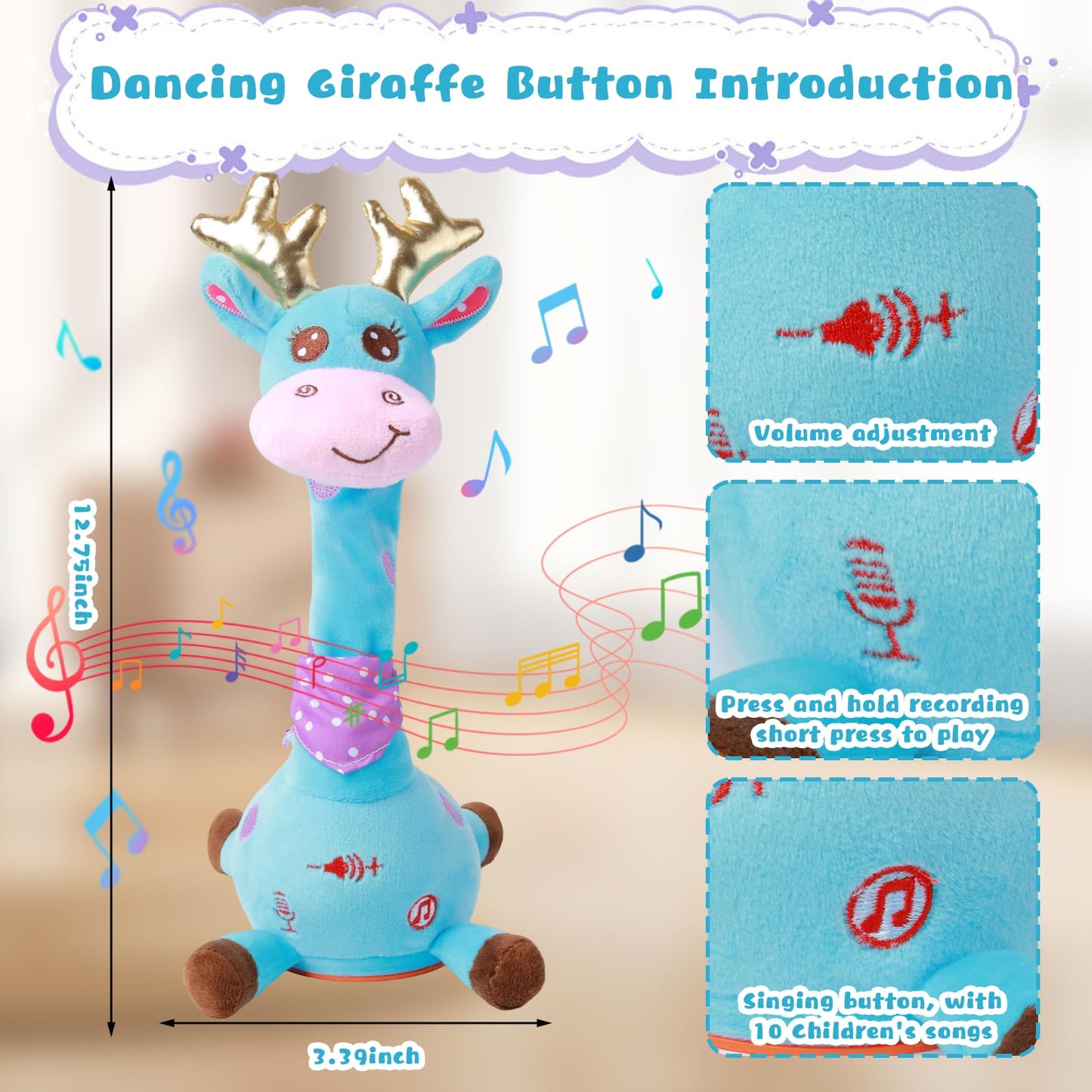 MIAODAM Dancing Talking Giraffe Plush – 10 Songs, Repeats What You Say, LED Glow