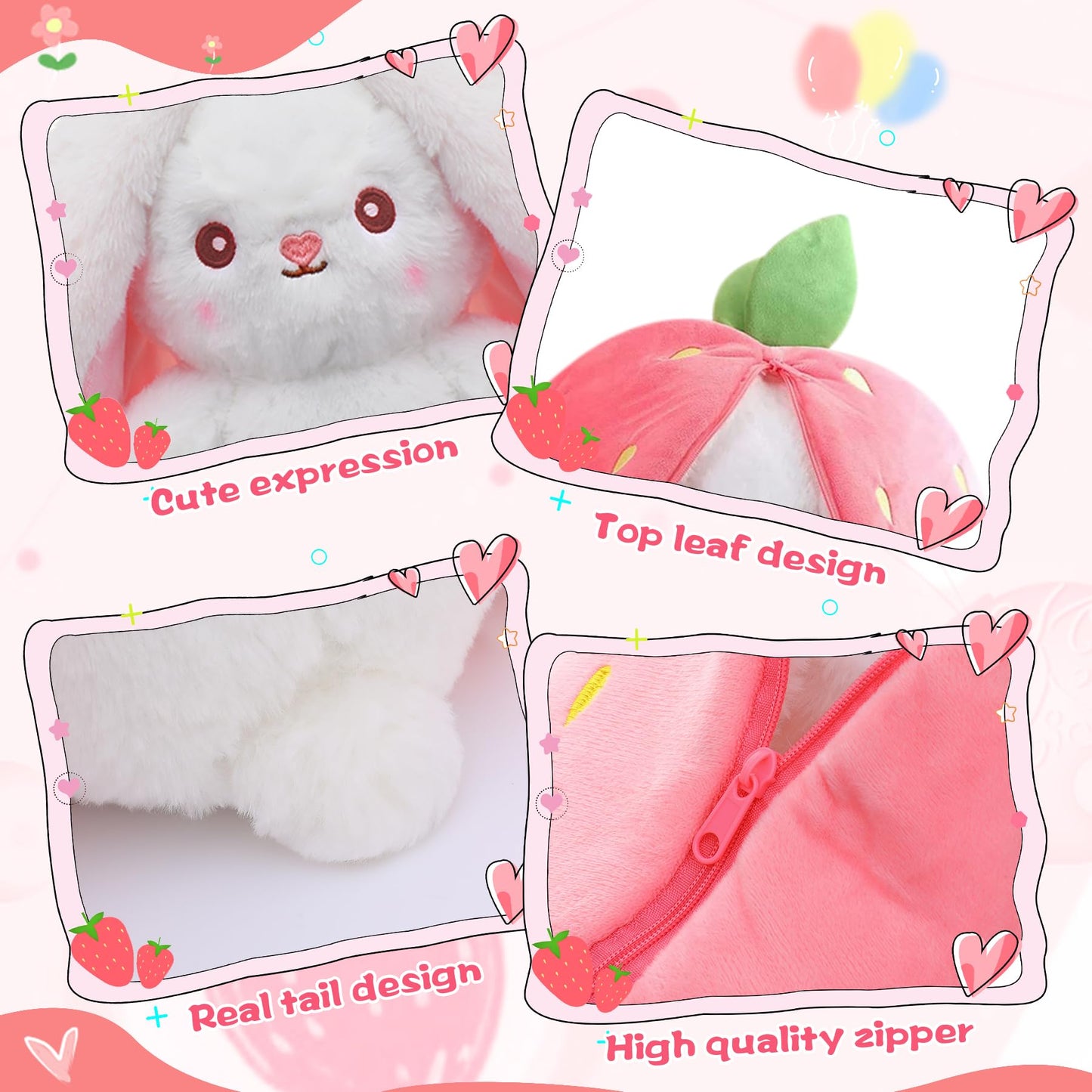 MIAODAM 13.7in Large Easter Bunny Plush – Convertible Strawberry to White Rabbit Plush Pillow