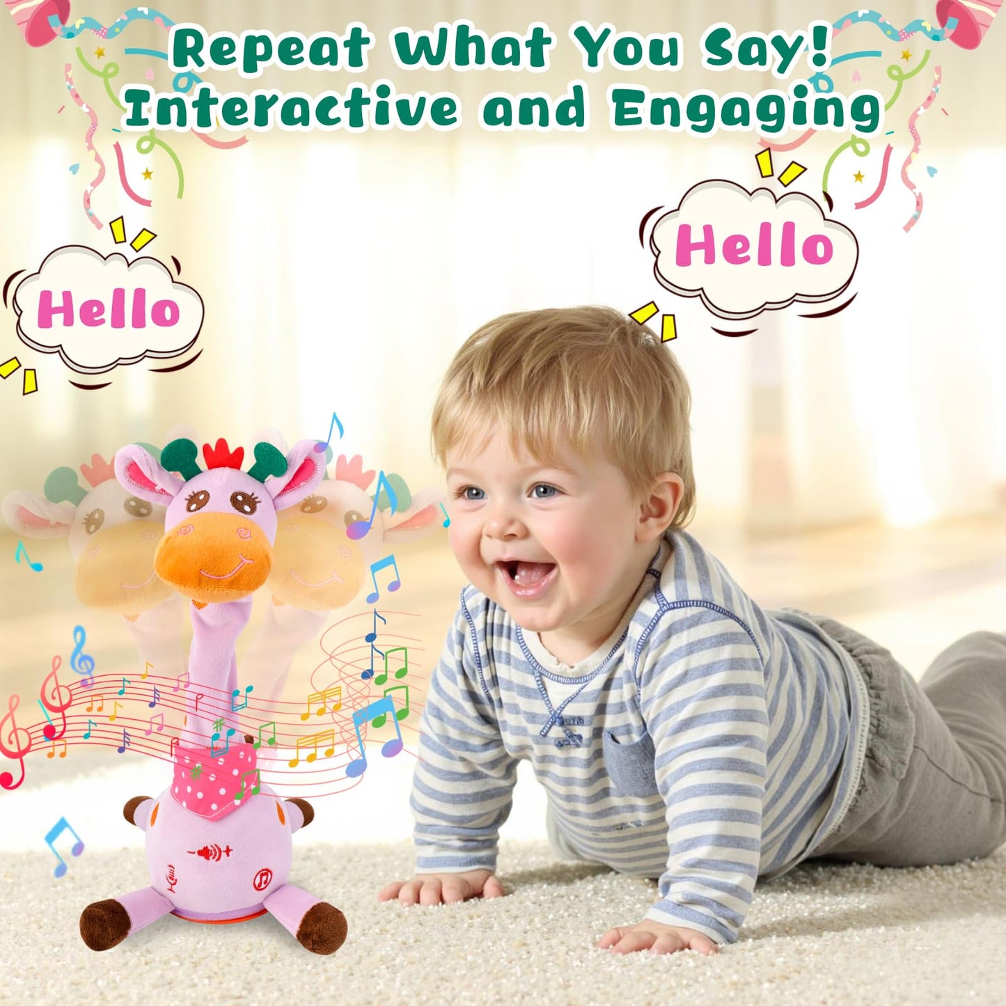 MIAODAM Dancing Giraffe – 10 Song Plush Interactive Toy with Recording & LED Glow (Purple)