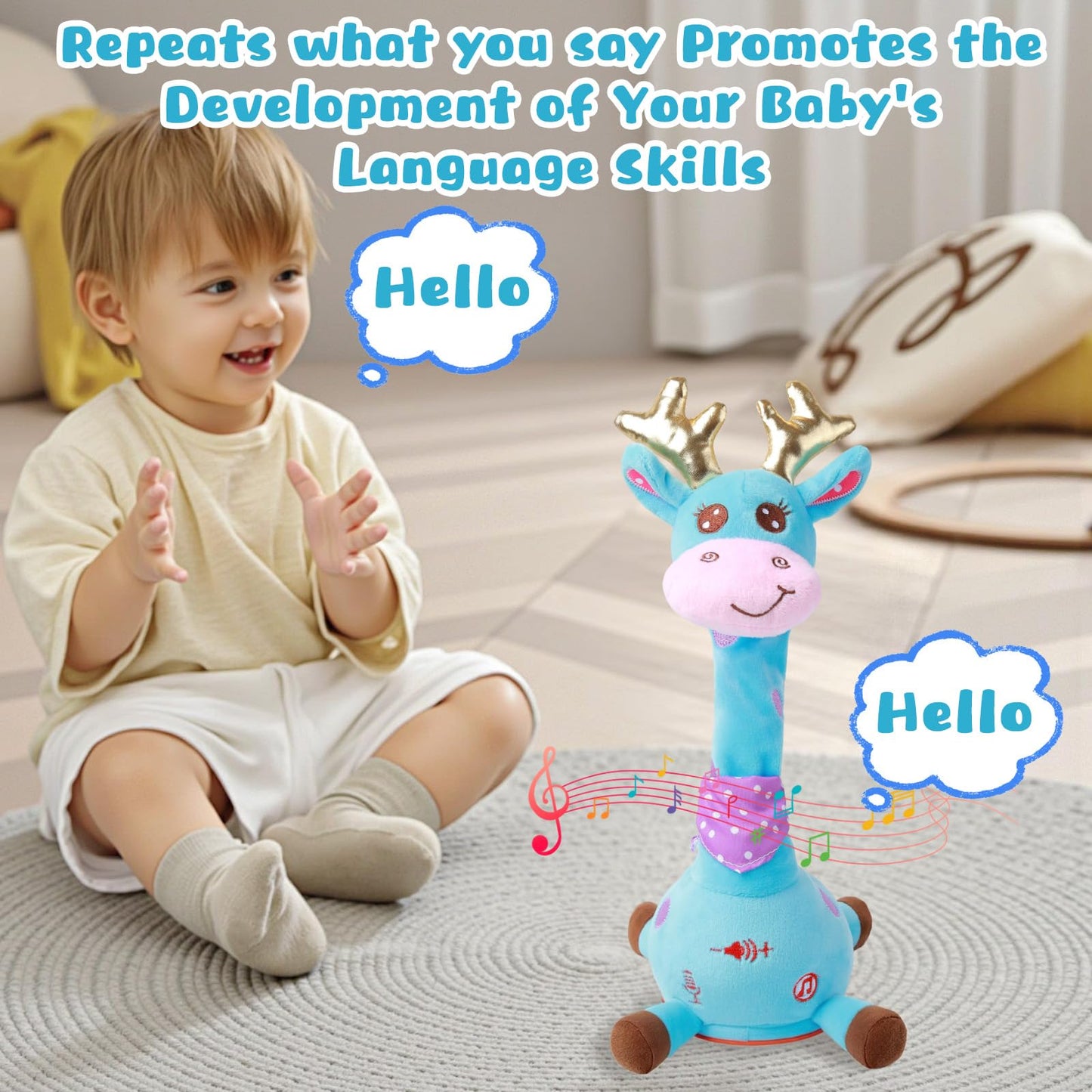 MIAODAM Dancing Talking Giraffe Plush – 10 Songs, Repeats What You Say, LED Glow