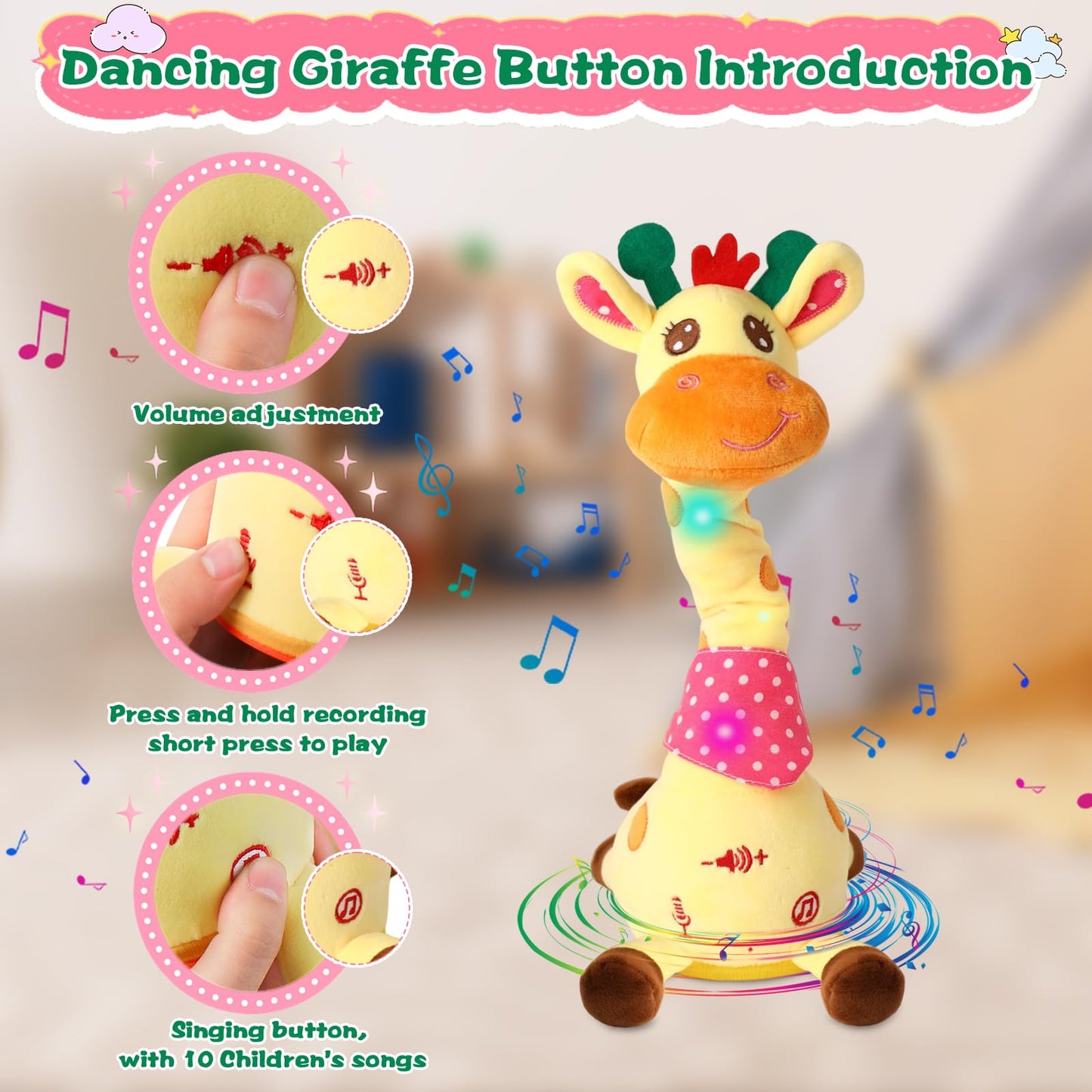 MIAODAM Dancing Talking Giraffe Plush Toy – 10 Songs, LED Lights, Interactive Baby Toy for Toddlers 1-3