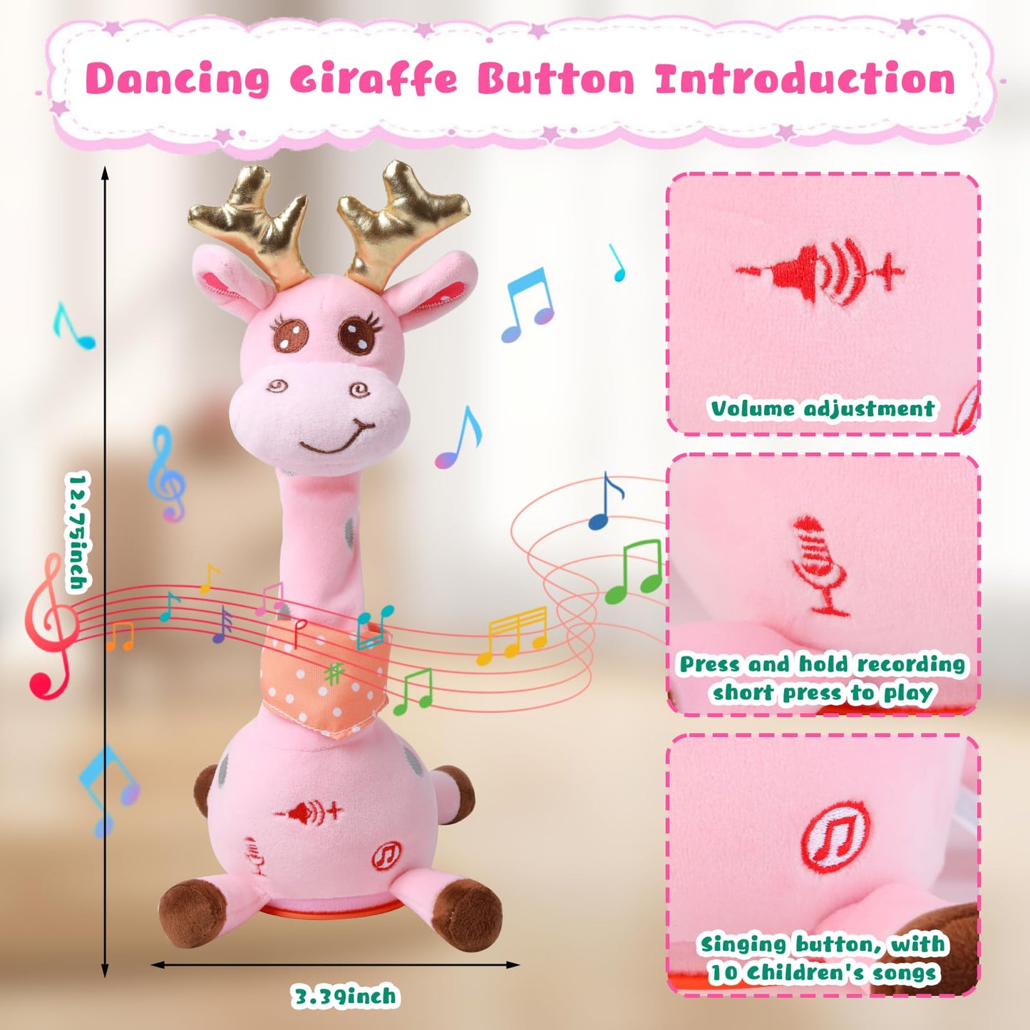 MIAODAM Dancing Talking Giraffe Plush Toy – 10 Songs, LED Lights, Voice Repetition (Pink)