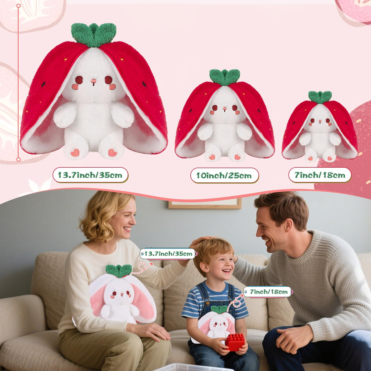 MIAODAM Strawberry Bunny Plush Toy - Reversible Zip-Flip 7-inch