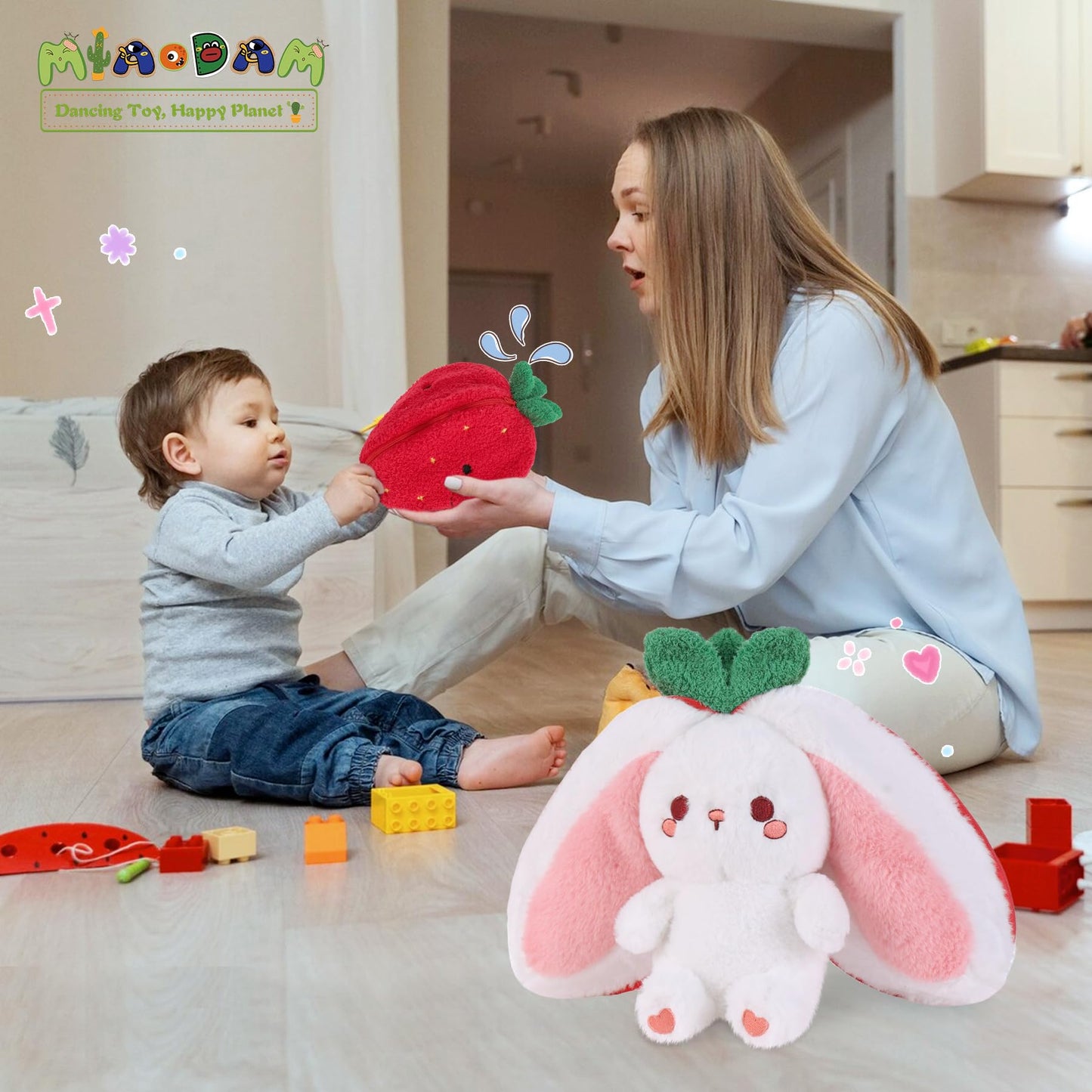 MIAODAM Strawberry Bunny Plush Toy - Reversible Zip-Flip 7-inch