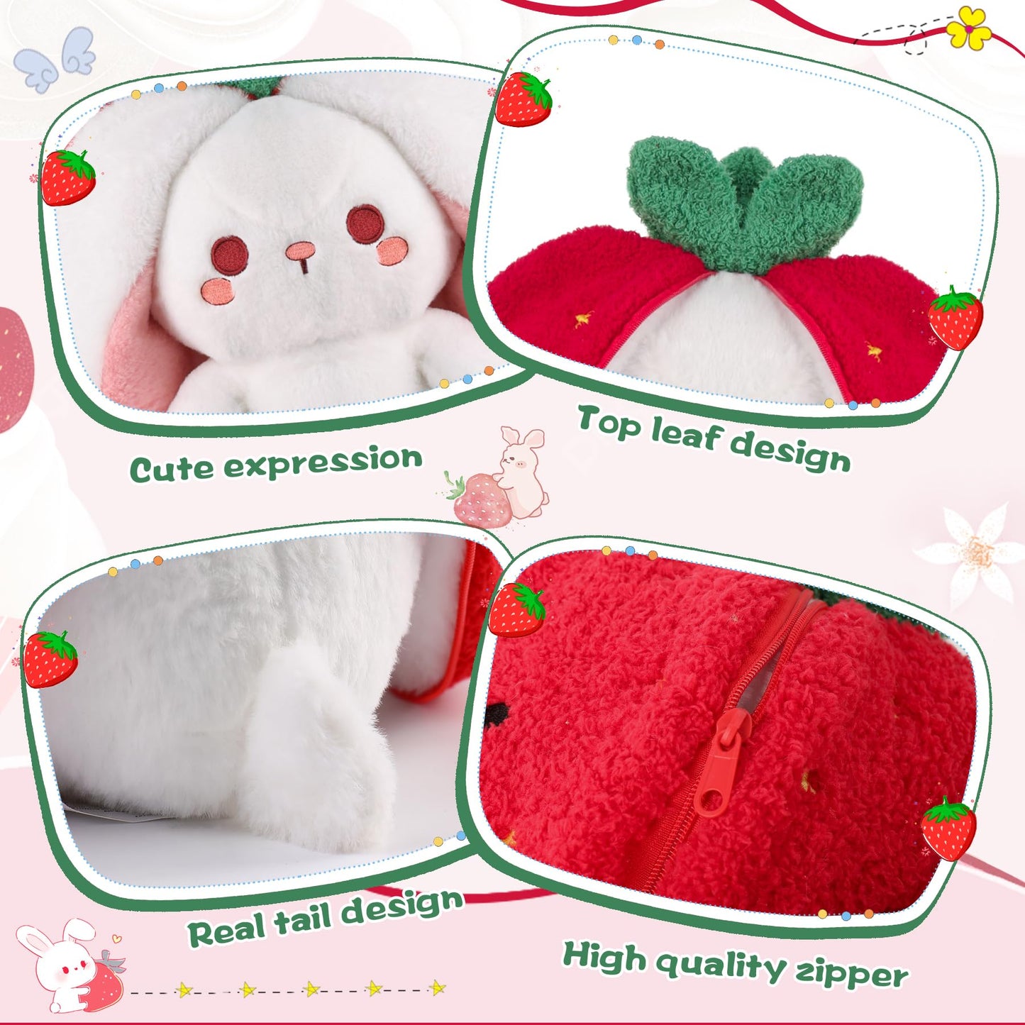 MIAODAM Strawberry Bunny Plush Toy - Reversible Zip-Flip 7-inch