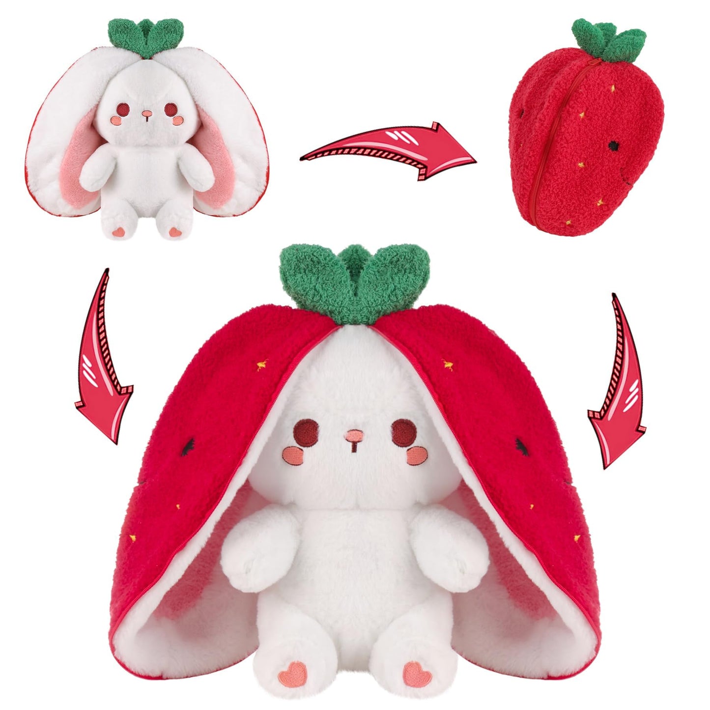MIAODAM Strawberry Bunny Plush Toy - Reversible Zip-Flip 7-inch