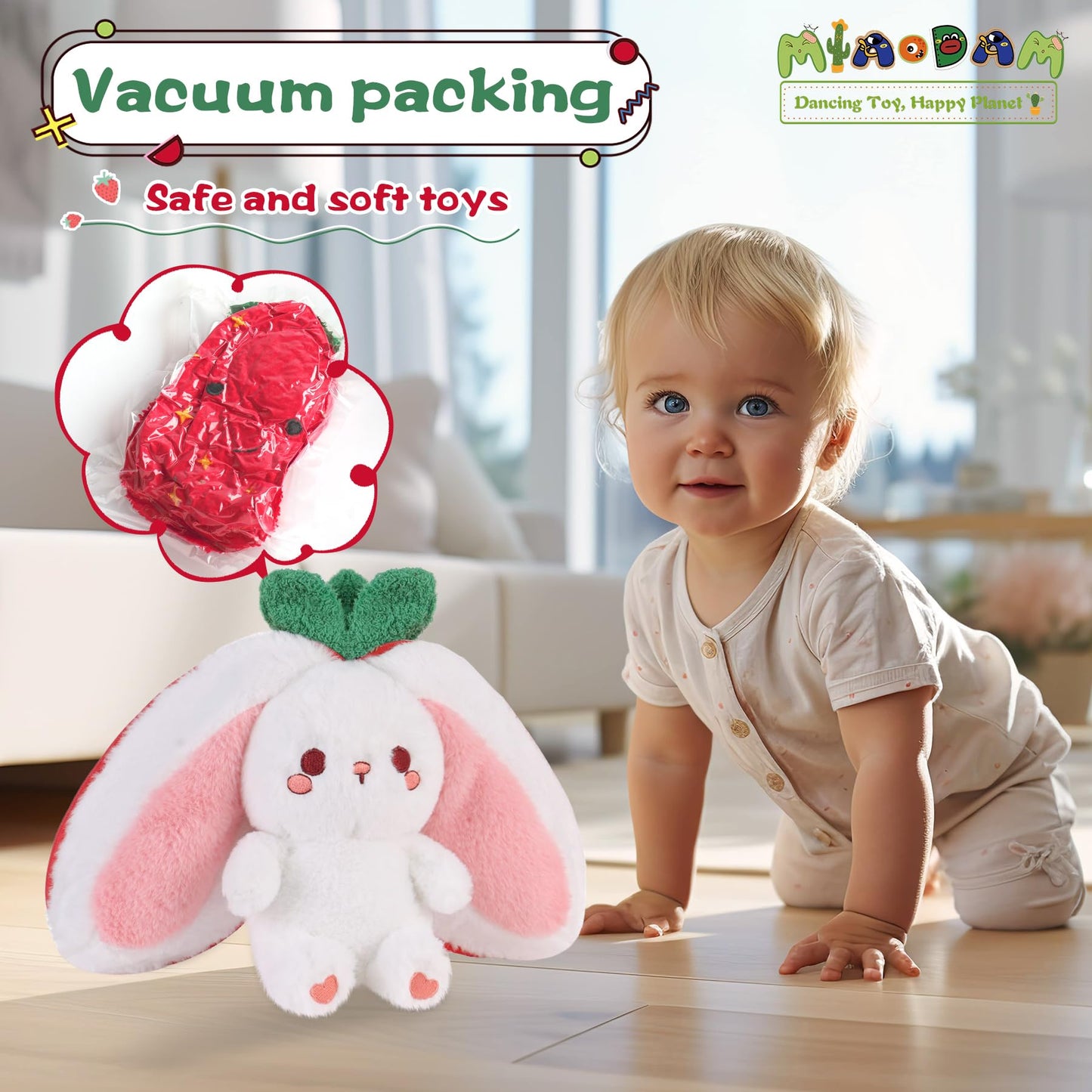 MIAODAM Strawberry Bunny Plush Toy - Reversible Zip-Flip 7-inch