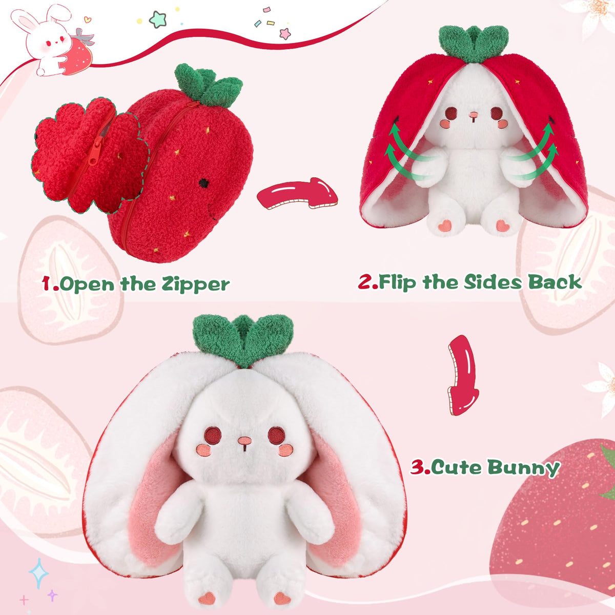 MIAODAM Strawberry Bunny Plush Toy - Reversible Zip-Flip 7-inch