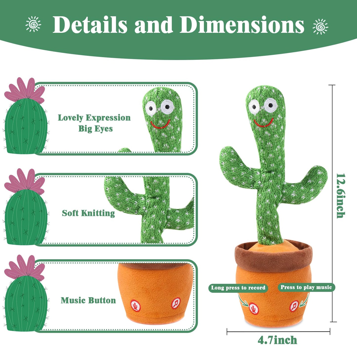 MIAODAM Dancing Cactus Toy – Talking Baby Plush, Glowing Lights & 120 Songs