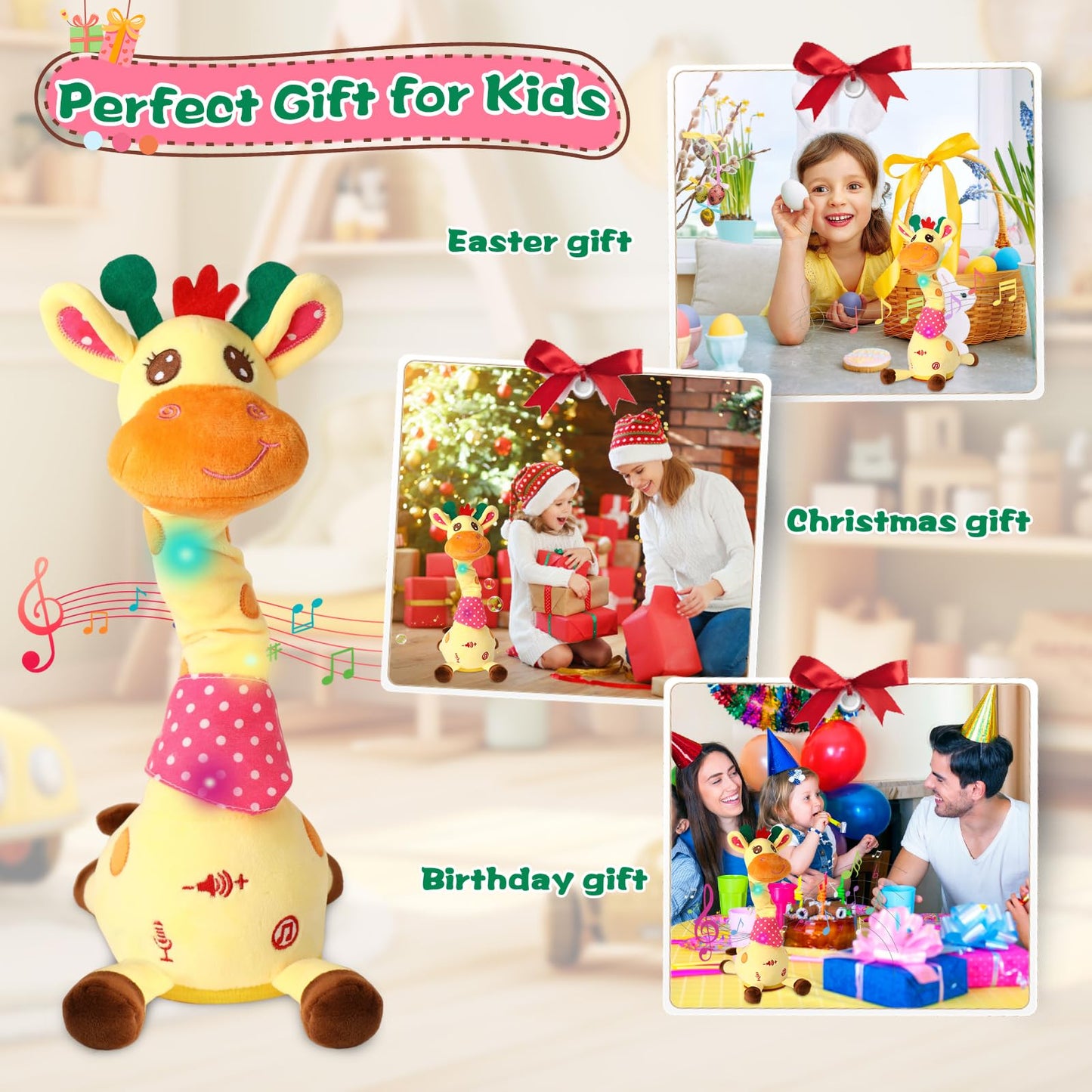MIAODAM Dancing Talking Giraffe Plush Toy – 10 Songs, LED Lights, Interactive Baby Toy for Toddlers 1-3