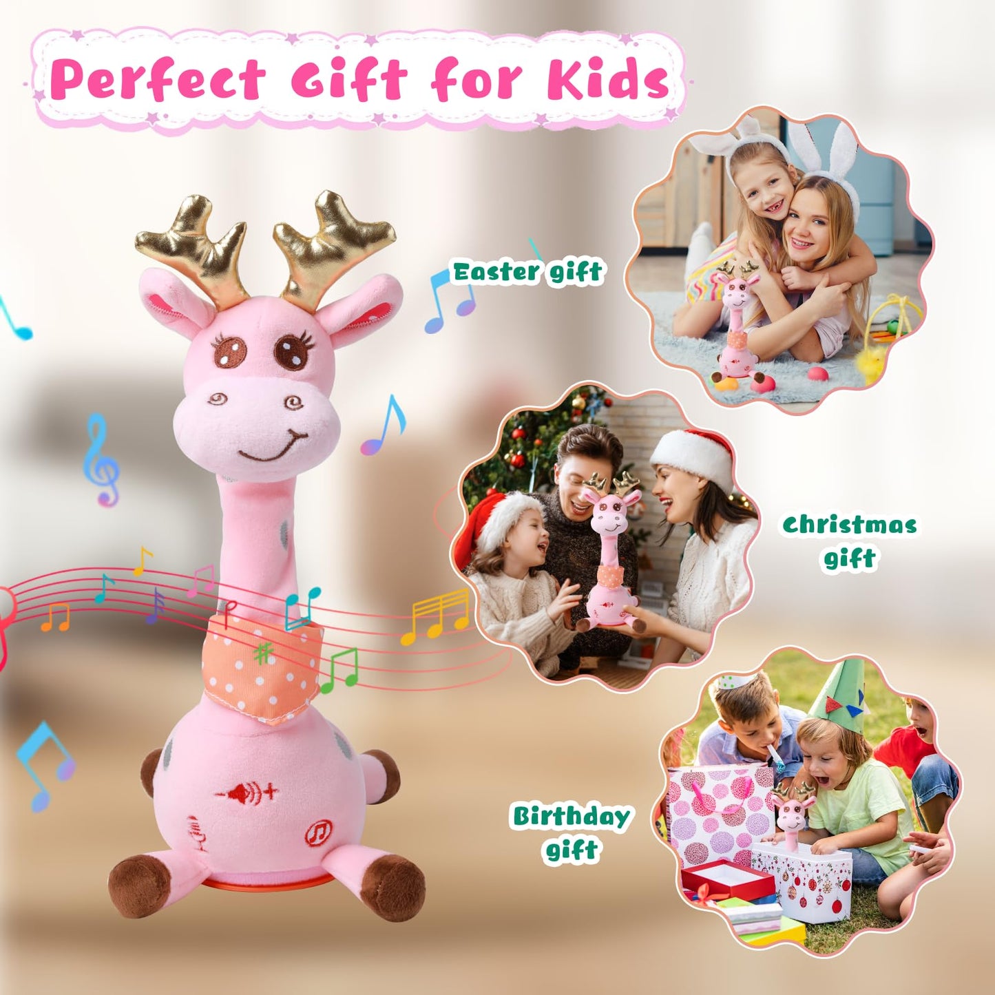 MIAODAM Dancing Talking Giraffe Plush Toy – 10 Songs, LED Lights, Voice Repetition (Pink)