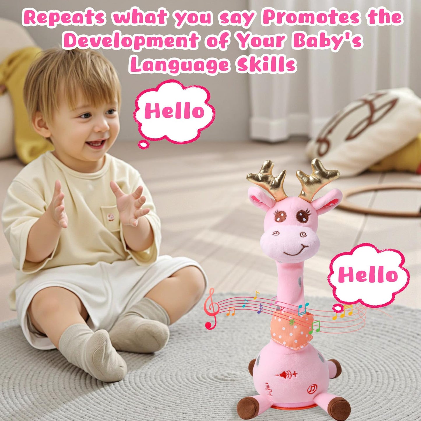 MIAODAM Dancing Talking Giraffe Plush Toy – 10 Songs, LED Lights, Voice Repetition (Pink)