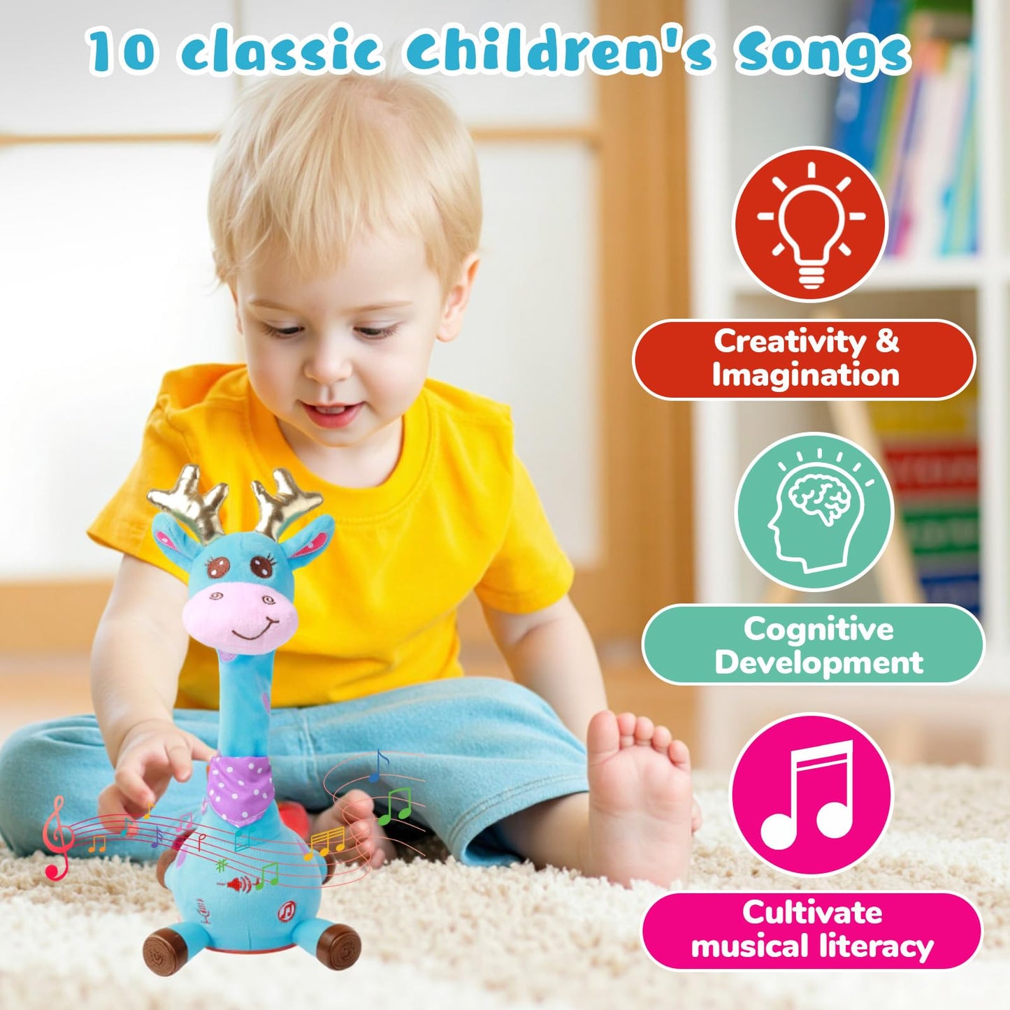 MIAODAM Dancing Talking Giraffe Plush – 10 Songs, Repeats What You Say, LED Glow