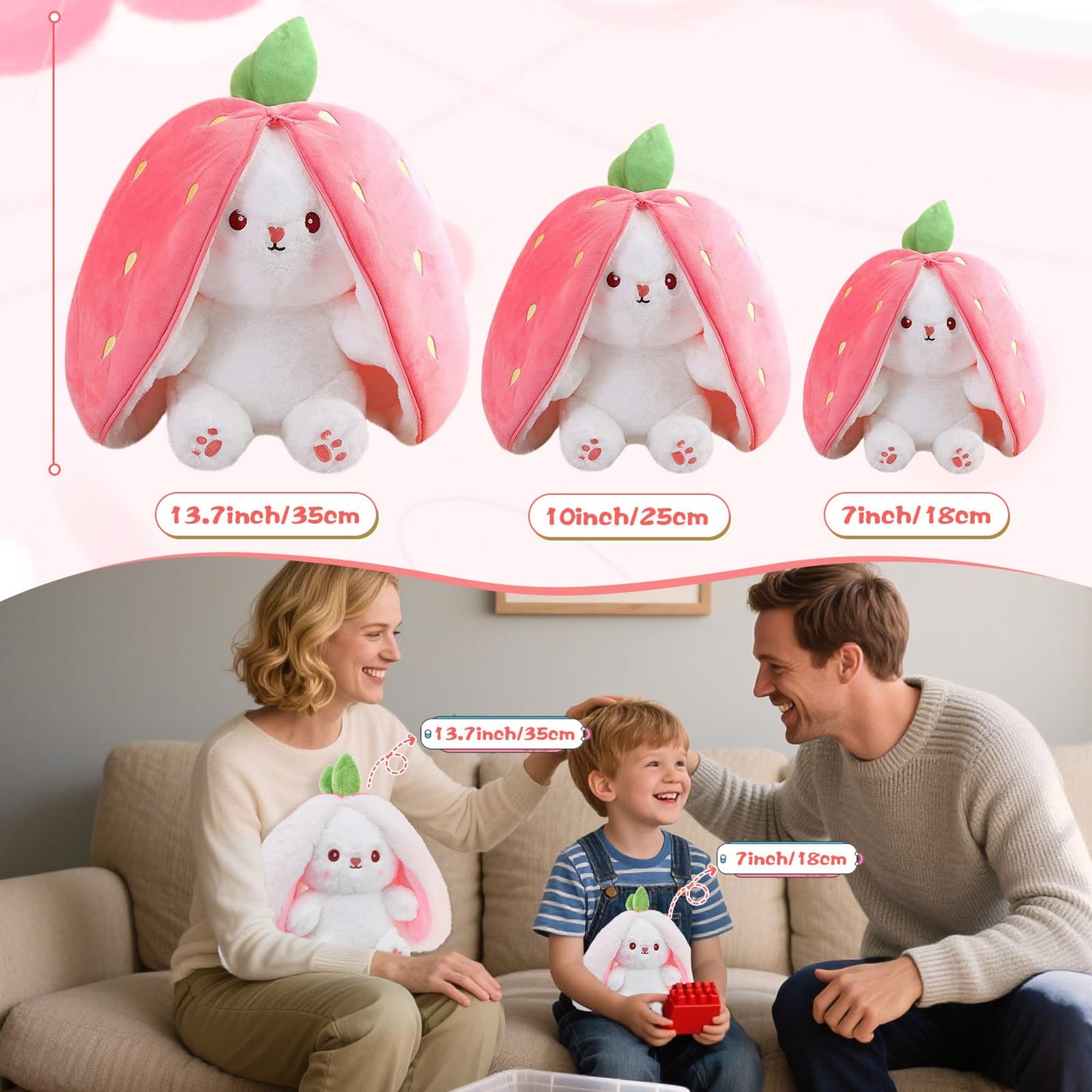 MIAODAM 13.7in Large Easter Bunny Plush – Convertible Strawberry to White Rabbit Plush Pillow