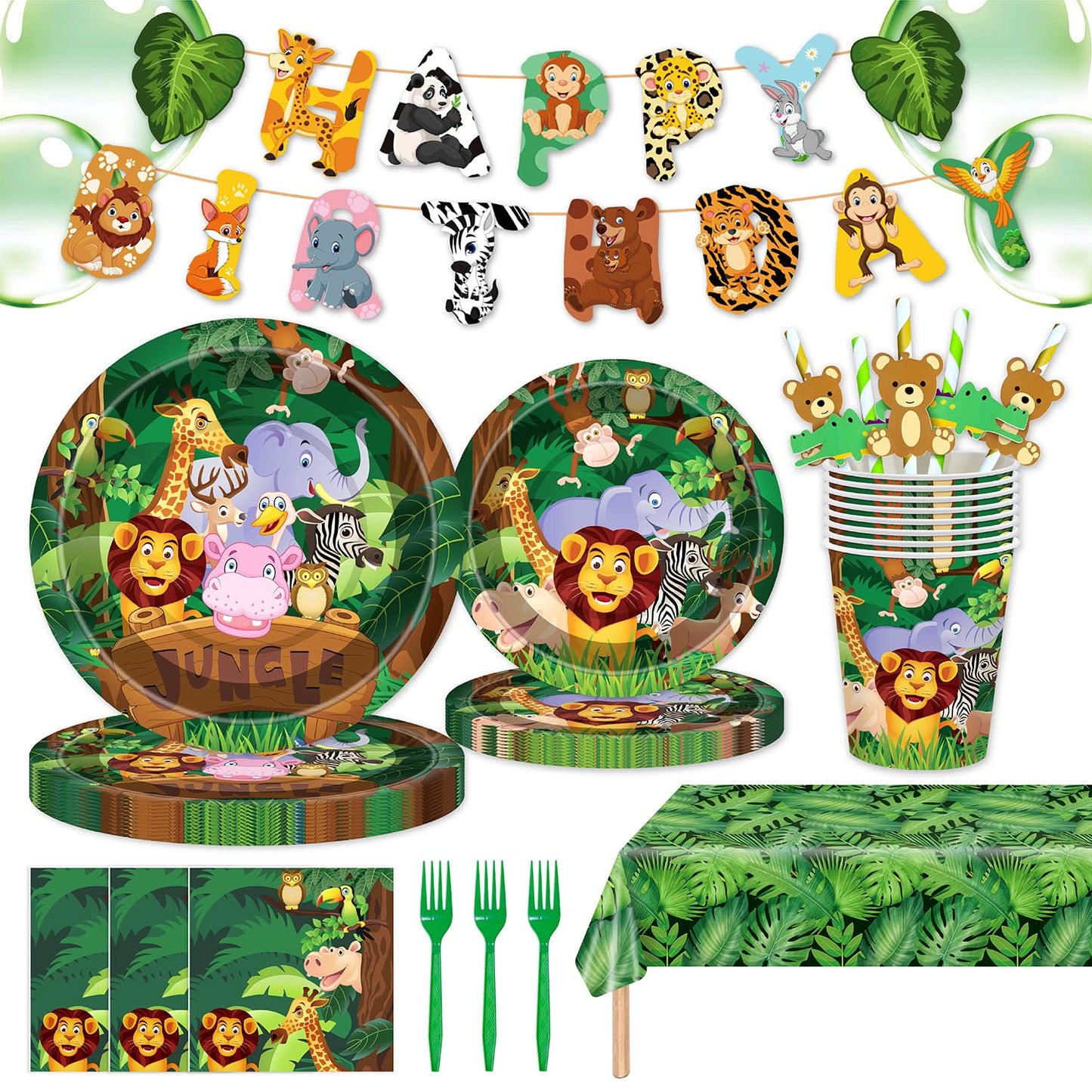 MIAOSHOUTAO 146Pcs Jungle Safari Party Supplies – Plates, Napkins & Tableware for Woodland Baby Shower & Birthday