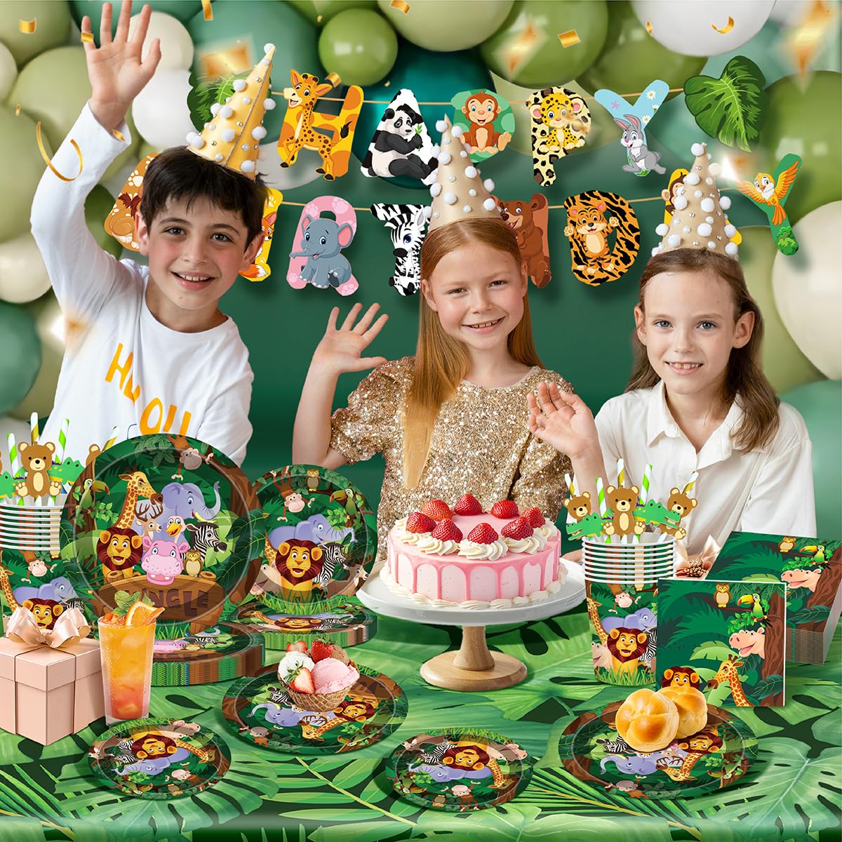 MIAOSHOUTAO 146Pcs Jungle Safari Party Supplies – Plates, Napkins & Tableware for Woodland Baby Shower & Birthday