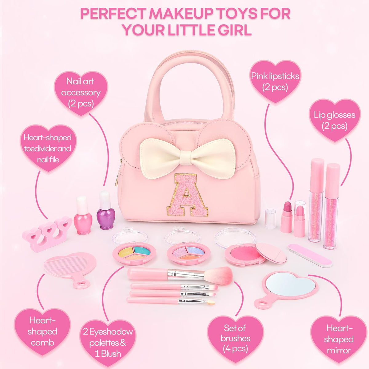 Mibasies Valentines Day Makeup Kit for Kids – 18-Piece Non-Toxic, Washable Set with Initial Mouse Purse (Ages 3–10)