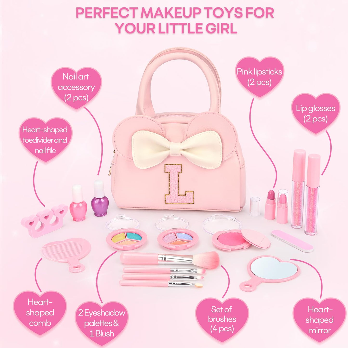 Mibasies Kids Real Makeup Kit – 18-Piece Non-Toxic Washable Set with Initial Toddler Purse
