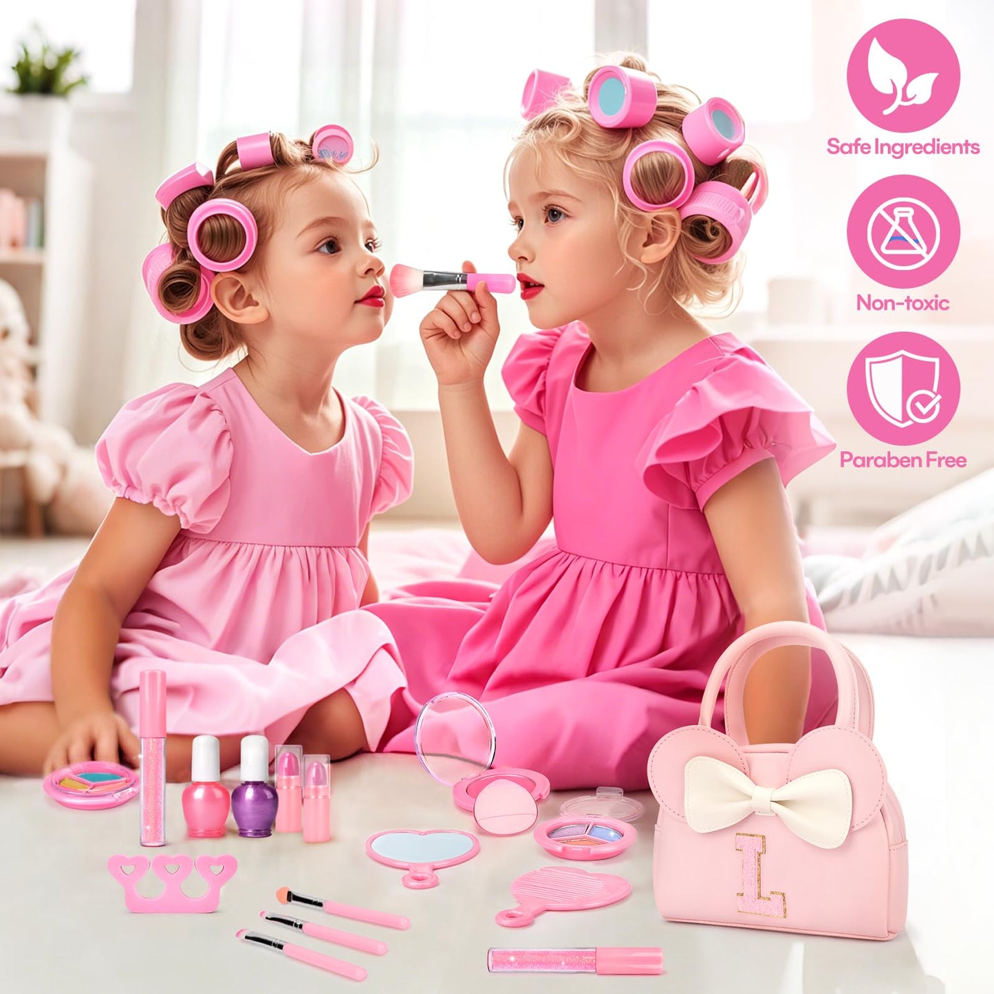 Mibasies Kids Real Makeup Kit – 18-Piece Non-Toxic Washable Set with Initial Toddler Purse