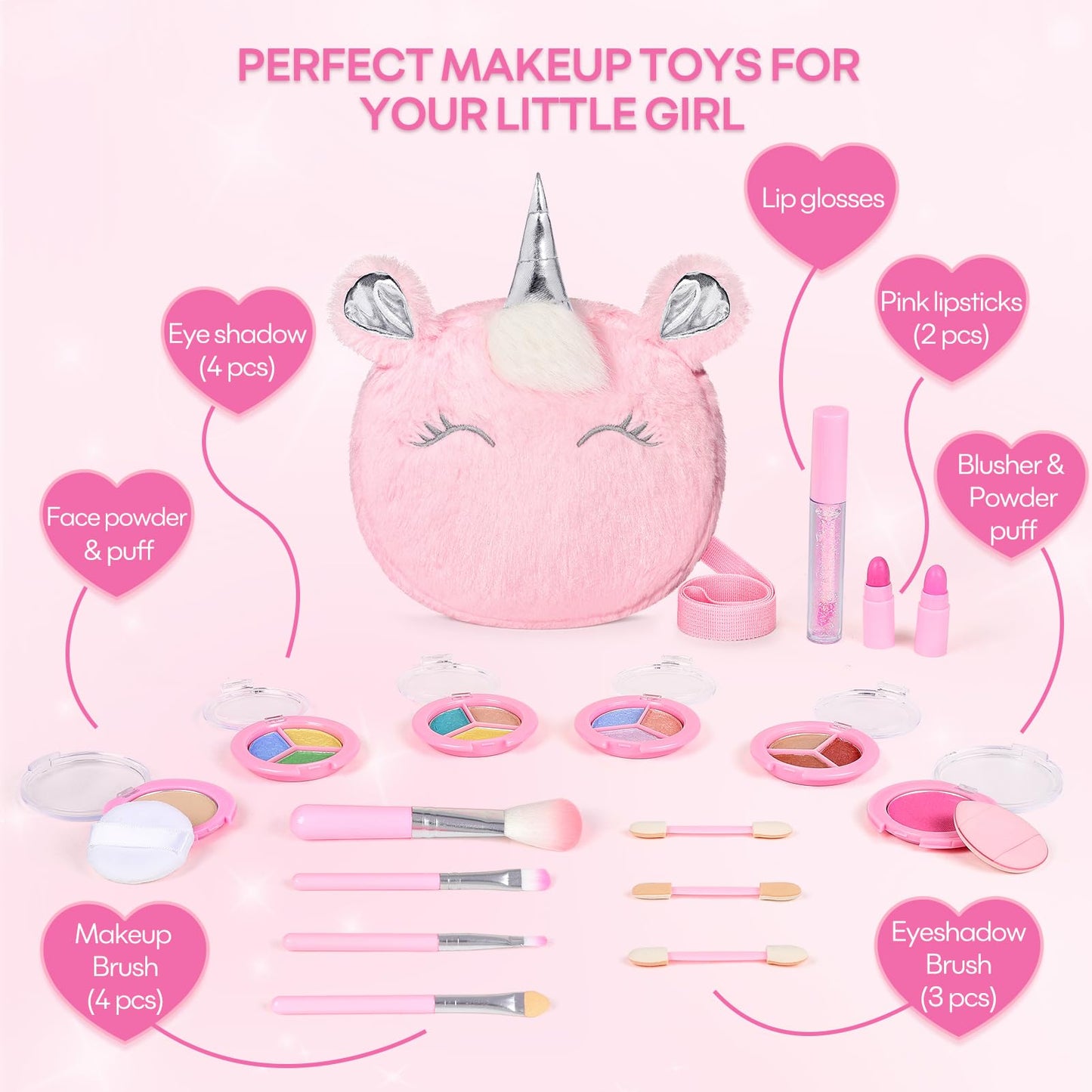 Mibasies Kids Real Makeup Kit – 17-Piece Washable, Non-Toxic Vanity Set with Unicorn Purse (Ages 3-12)