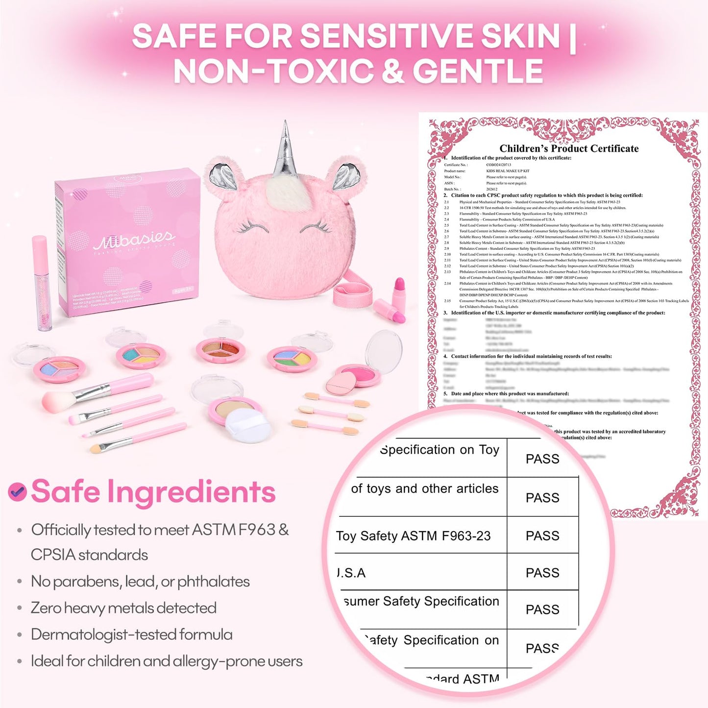Mibasies Kids Real Makeup Kit – 17-Piece Washable, Non-Toxic Vanity Set with Unicorn Purse (Ages 3-12)