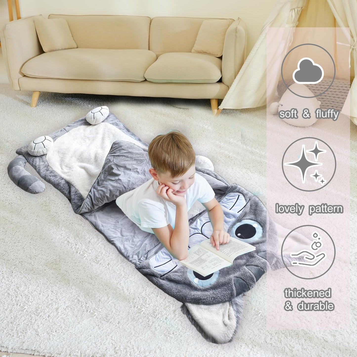 Micling Kid Sleeping Bag - 3-in-1 Plush Cat Nap Mat for Ages 3-12