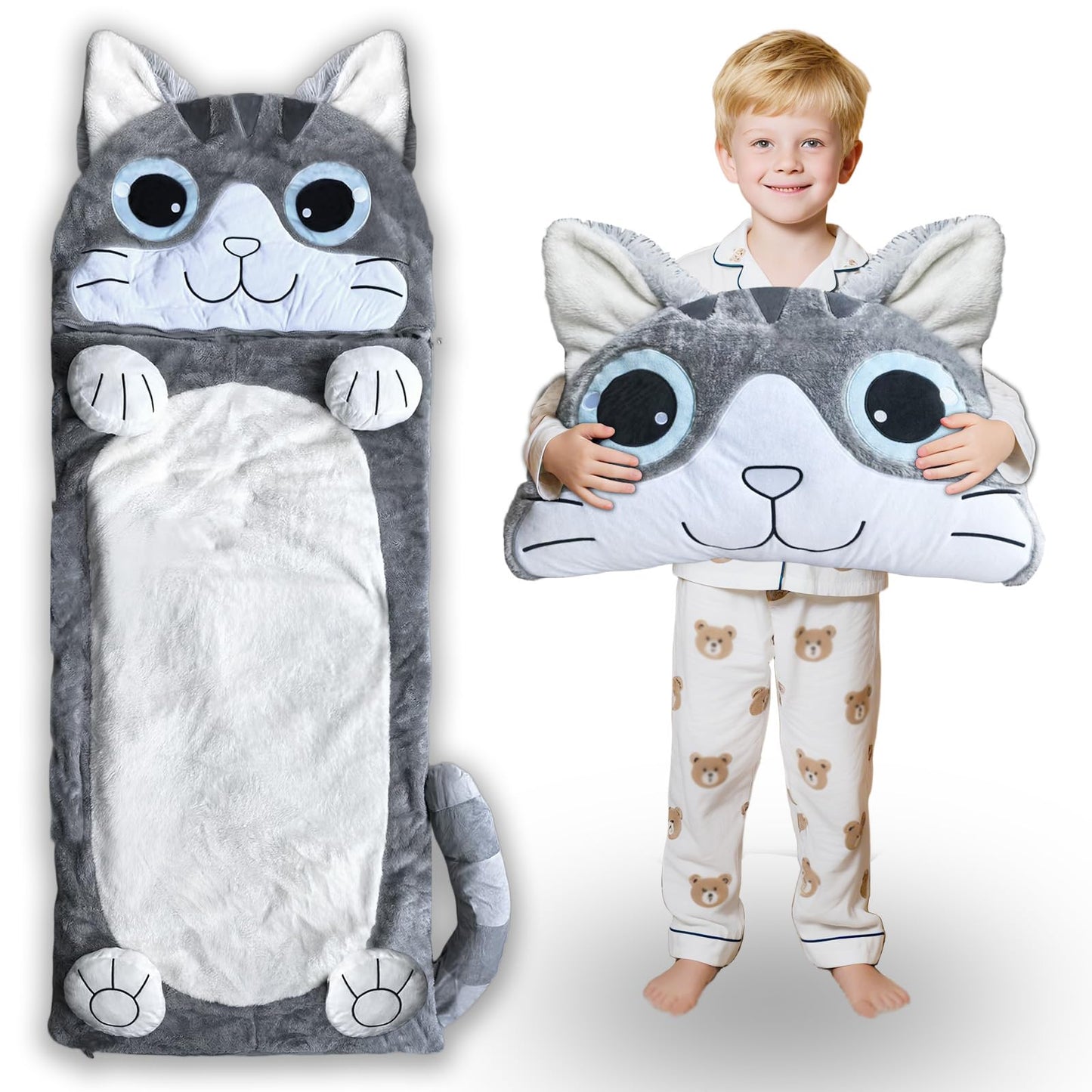 Micling Kid Sleeping Bag - 3-in-1 Plush Cat Nap Mat for Ages 3-12