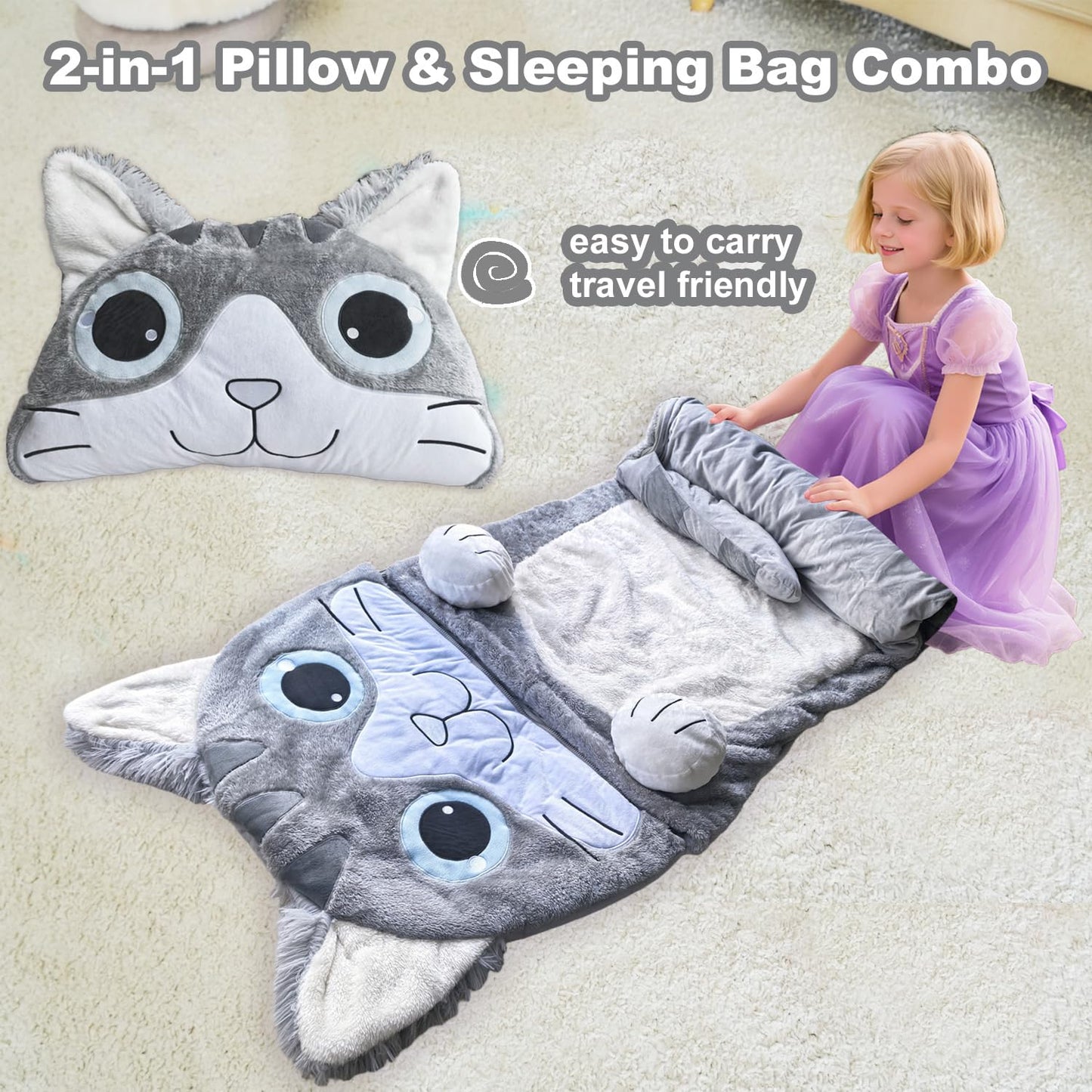 Micling Kid Sleeping Bag - 3-in-1 Plush Cat Nap Mat for Ages 3-12