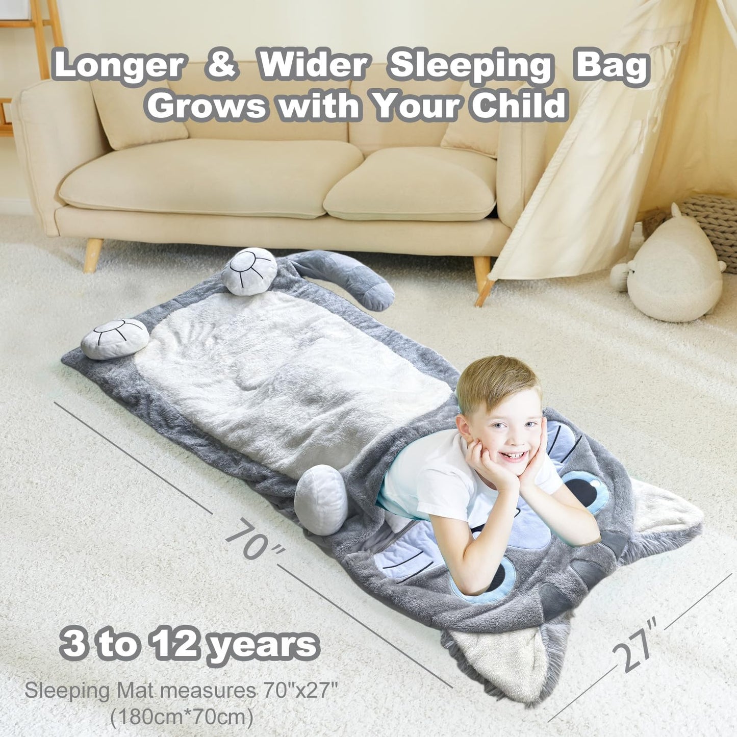Micling Kid Sleeping Bag - 3-in-1 Plush Cat Nap Mat for Ages 3-12