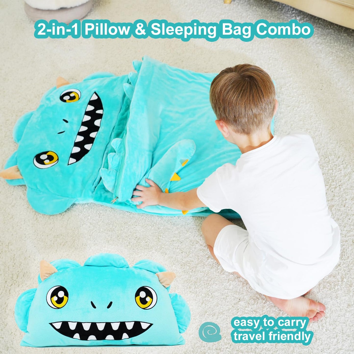 Micling Kid Sleeping Bag - Large Plush Dinosaur Nap Mat 3-in-1