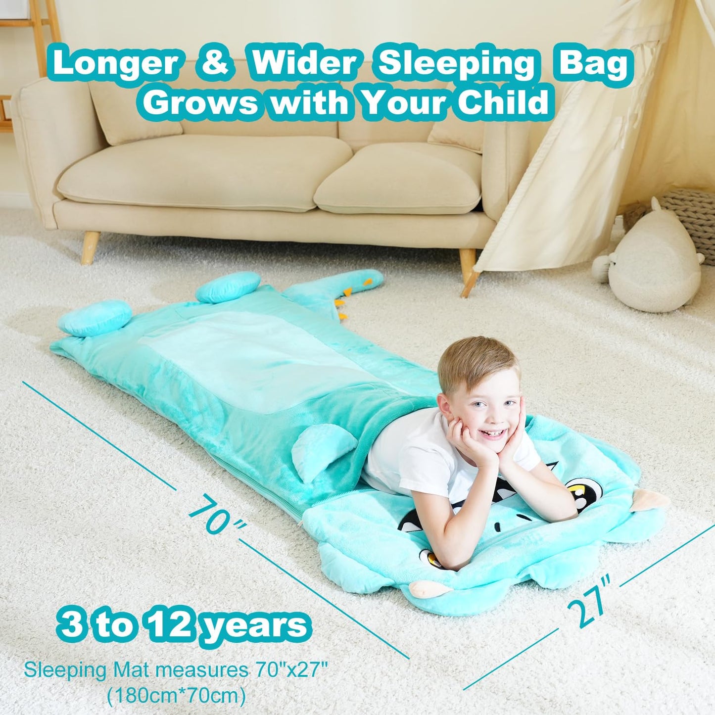 Micling Kid Sleeping Bag - Large Plush Dinosaur Nap Mat 3-in-1