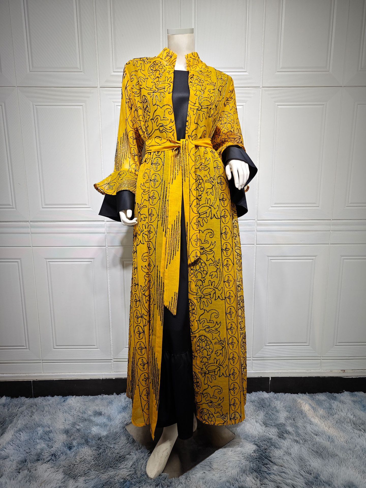 Embroidered Cape Two-Pieces Set | Ruffle Sleeve Abaya Cape