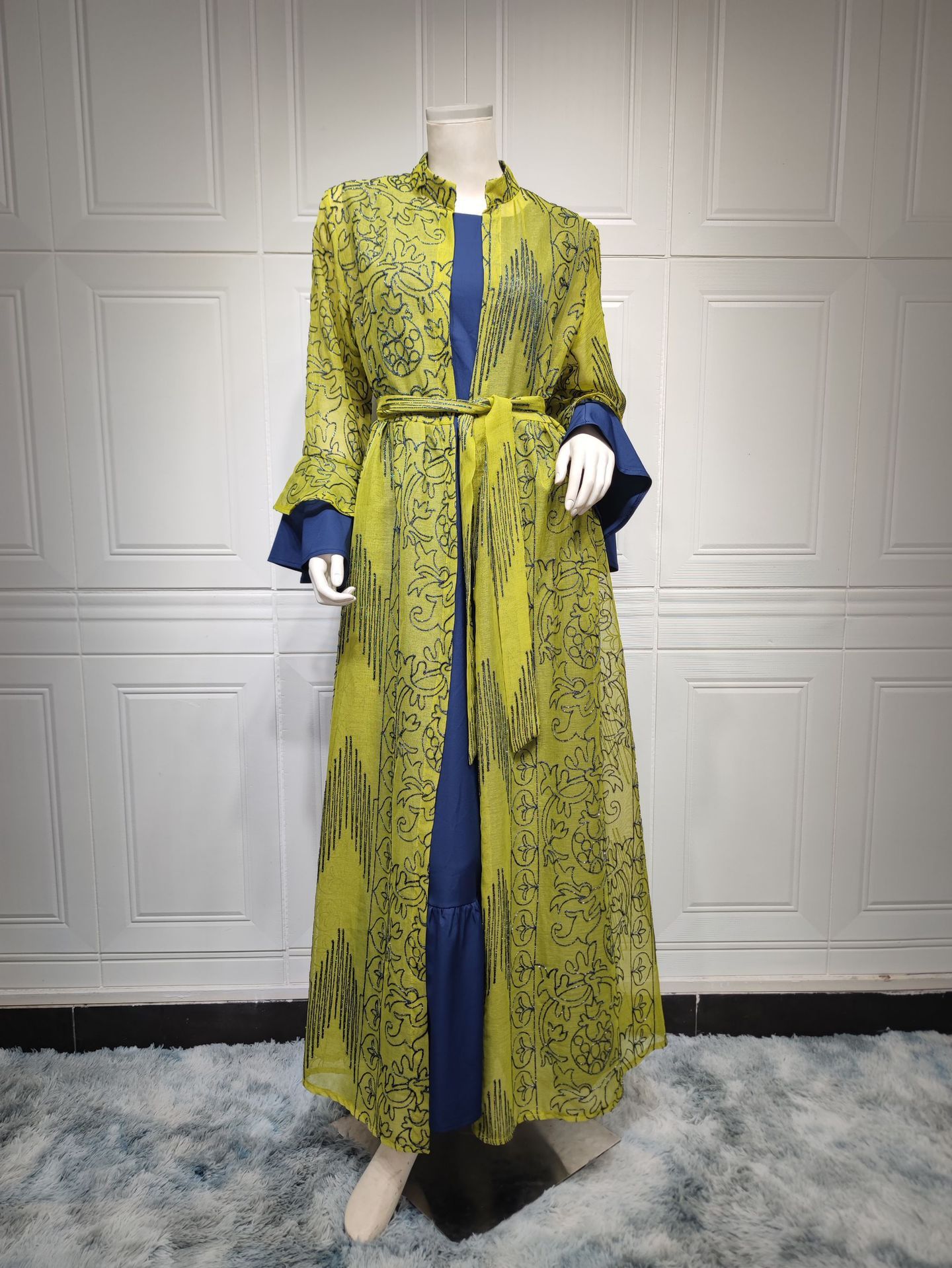 Embroidered Cape Two-Pieces Set | Ruffle Sleeve Abaya Cape