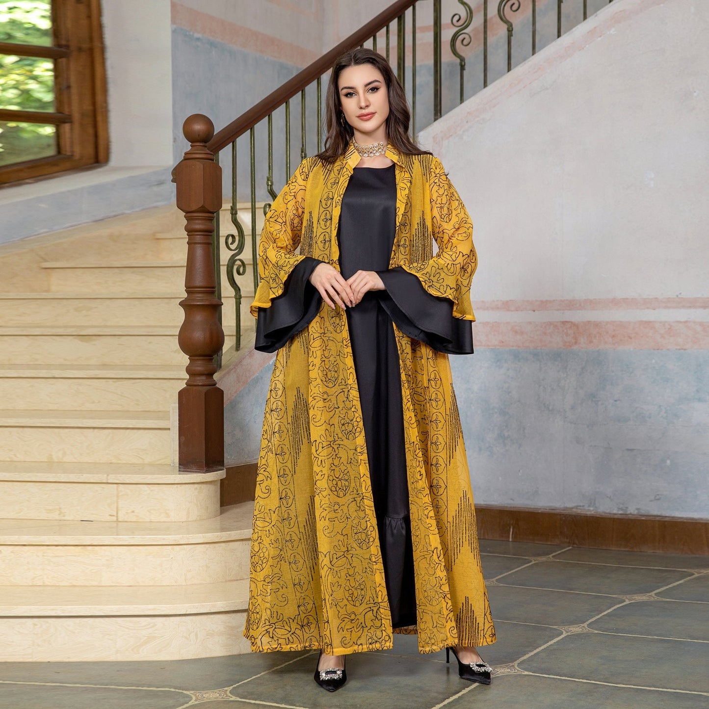 Embroidered Cape Two-Pieces Set | Ruffle Sleeve Abaya Cape
