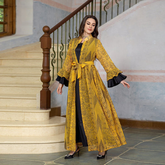 Embroidered Cape Two-Pieces Set | Ruffle Sleeve Abaya Cape