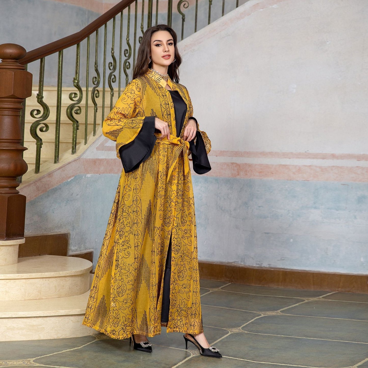 Embroidered Cape Two-Pieces Set | Ruffle Sleeve Abaya Cape