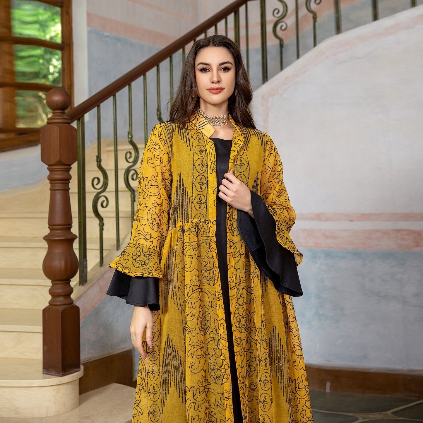 Embroidered Cape Two-Pieces Set | Ruffle Sleeve Abaya Cape
