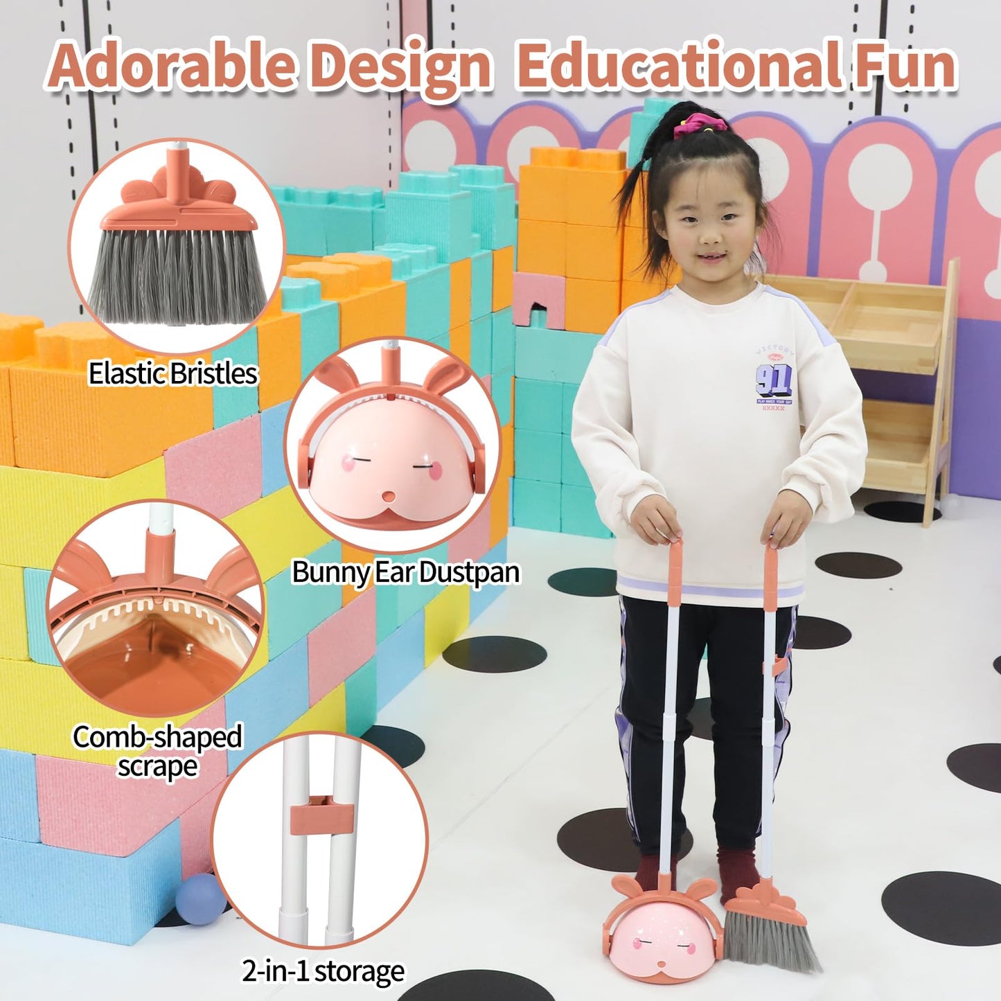 Midoneat Kids Cleaning Toy Set Pink – 6pc Pretend Play Broom, Mop & Dustpan
