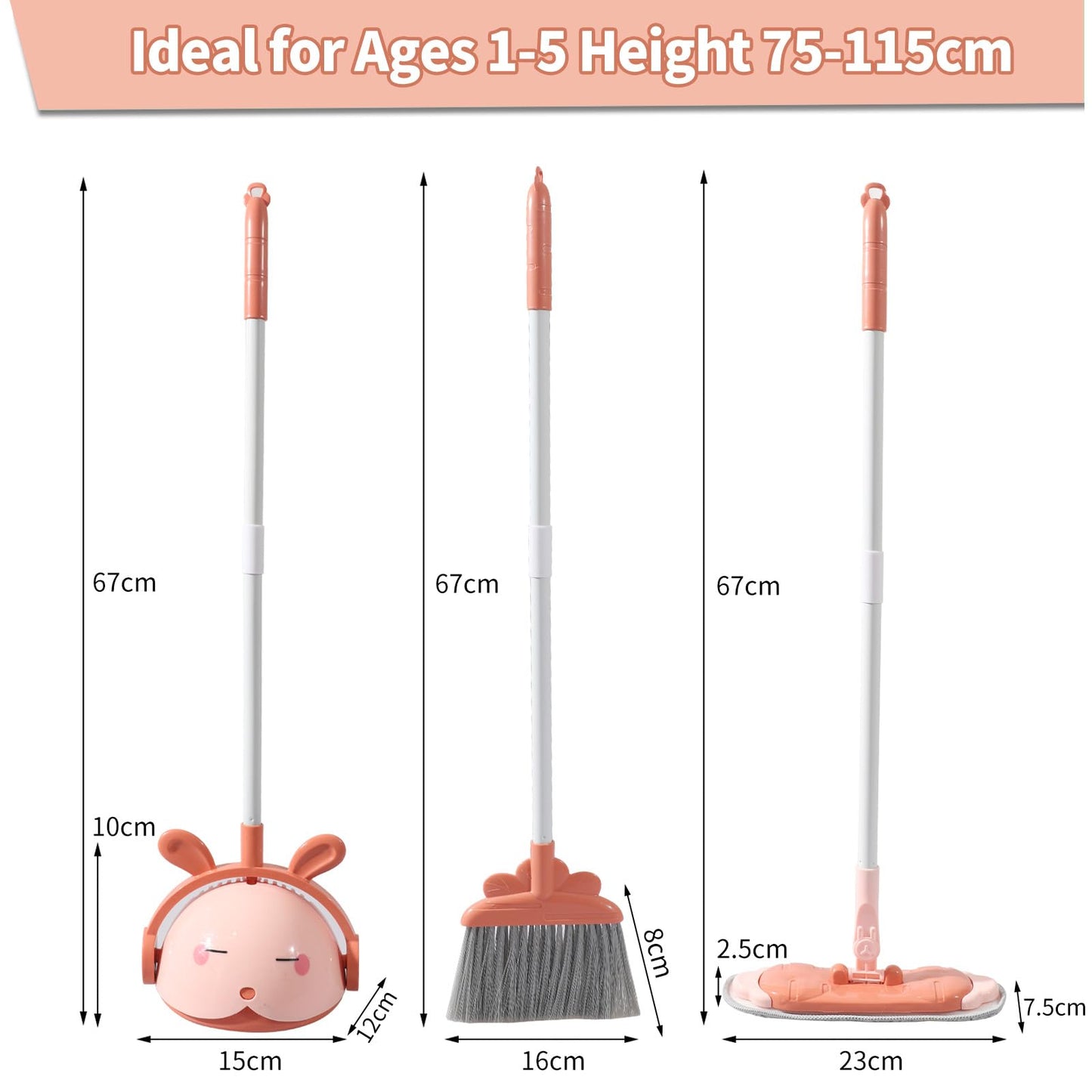 Midoneat Kids Cleaning Toy Set Pink – 6pc Pretend Play Broom, Mop & Dustpan