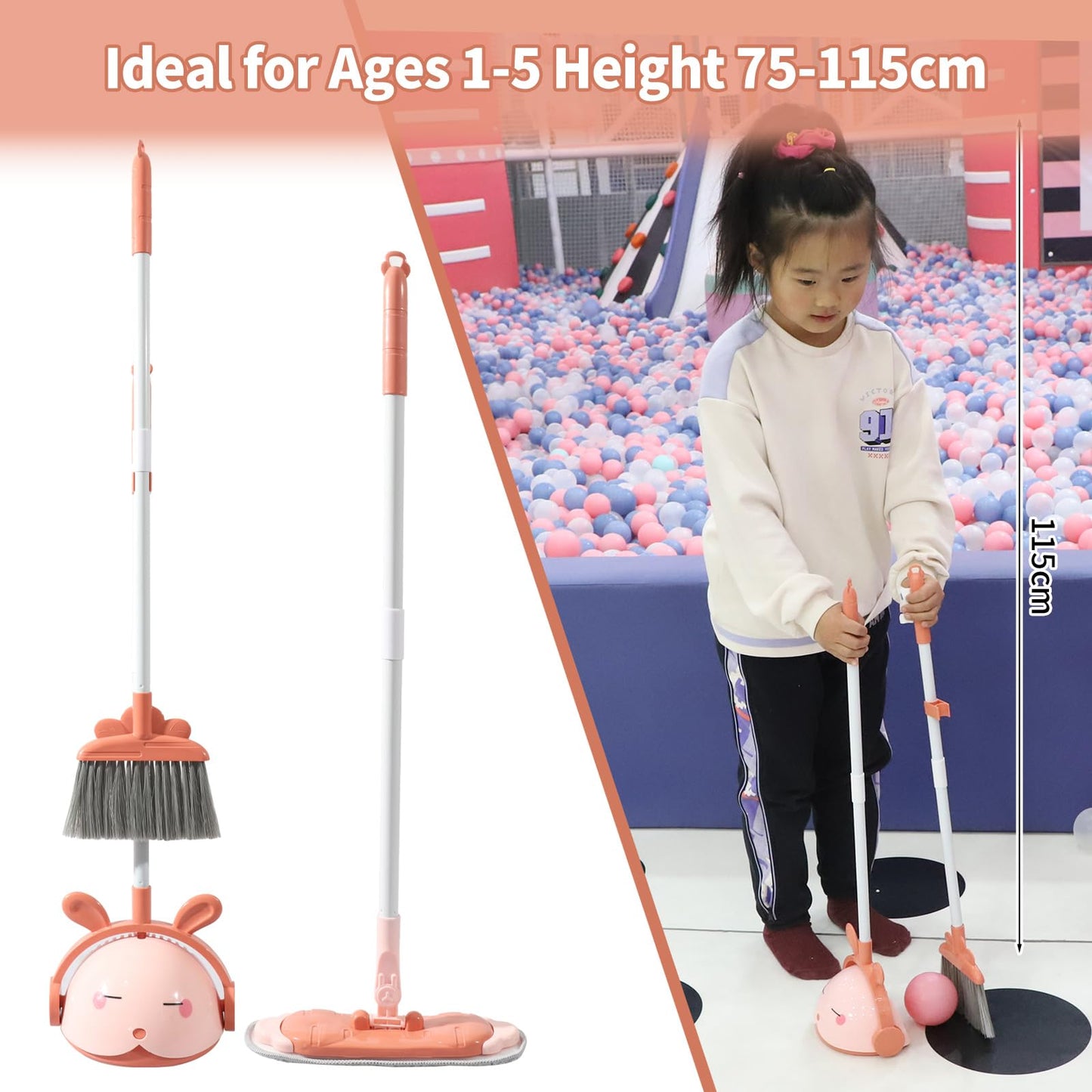 Midoneat Kids Cleaning Toy Set Pink – 6pc Pretend Play Broom, Mop & Dustpan