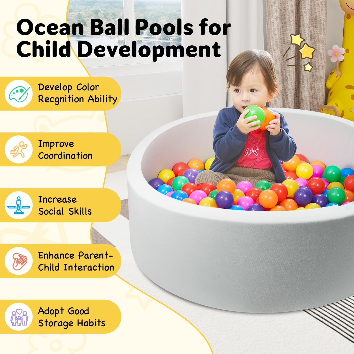 Miereirl Ball Pit for Toddlers – Foam Indoor Playpen, 35.4 x 11.8 in, Grey