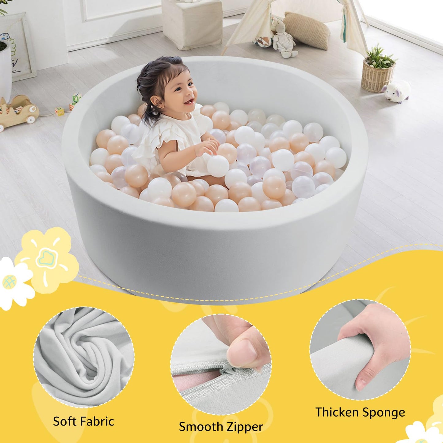 Miereirl Ball Pit for Toddlers – Foam Indoor Playpen, 35.4 x 11.8 in, Grey