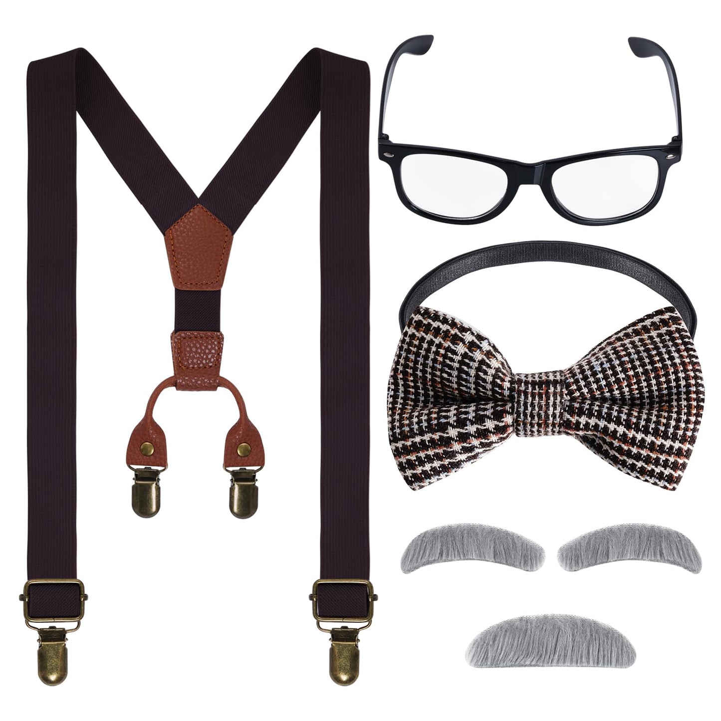 mifengda Kids Old Man Costume – 1920s Grandpa Outfit with Beard, Eyebrows, Suspenders, Bow Tie, Glasses