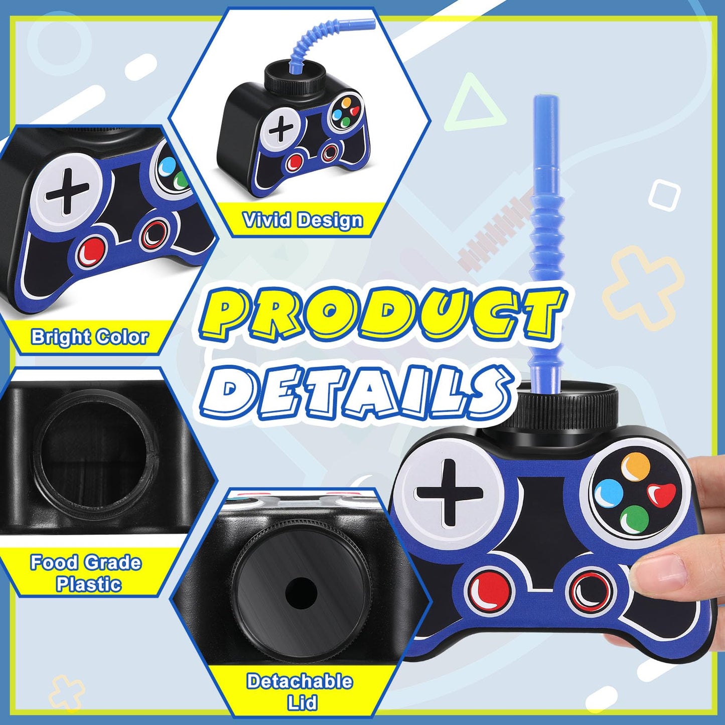 Mifoci 24 Pcs Blue Gamepad Cup Set – 10oz Plastic Cups with Lids & Straws for Gamer Birthday Parties